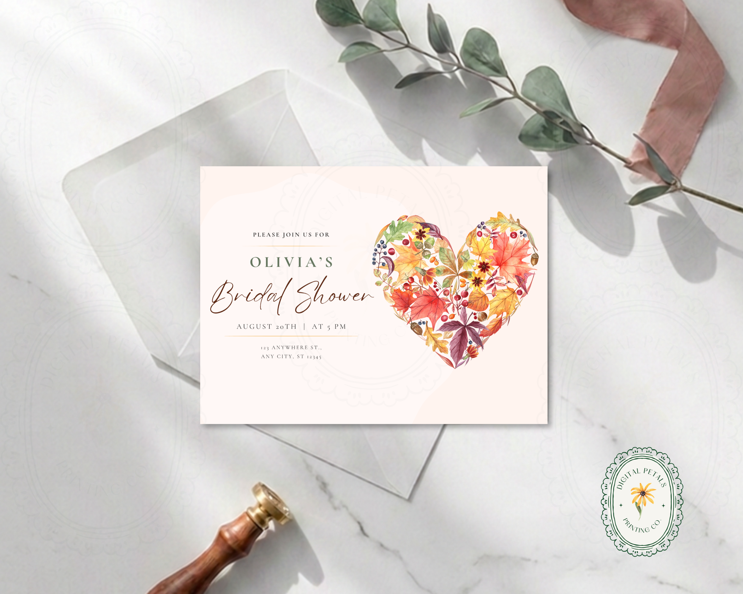Amber Fall Heart Bridal Shower Invitation | Printable Landscape Template | Digital Download