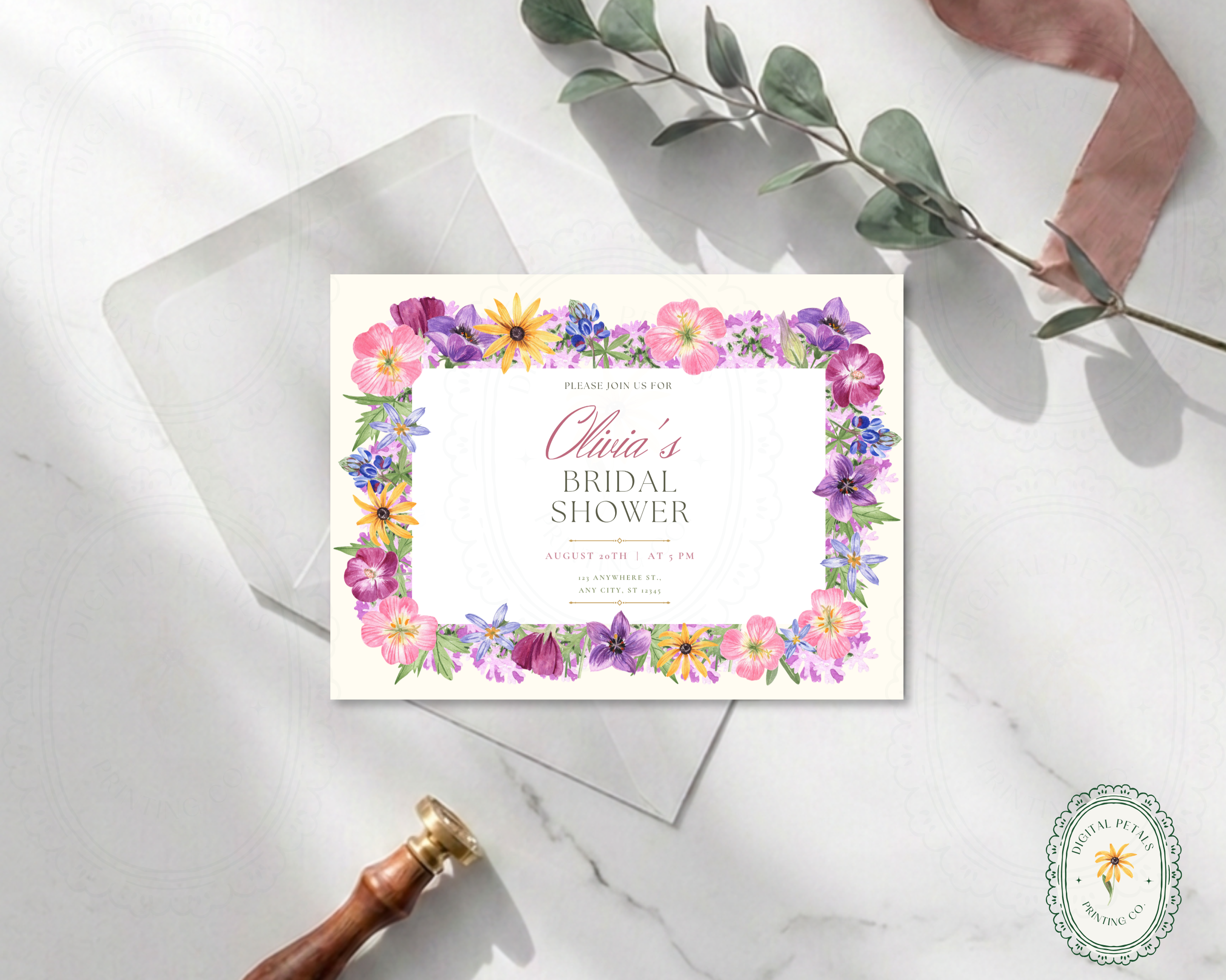 Lavender Spring Wildflowers Bridal Shower Invitation | Printable Landscape Template | Digital Download