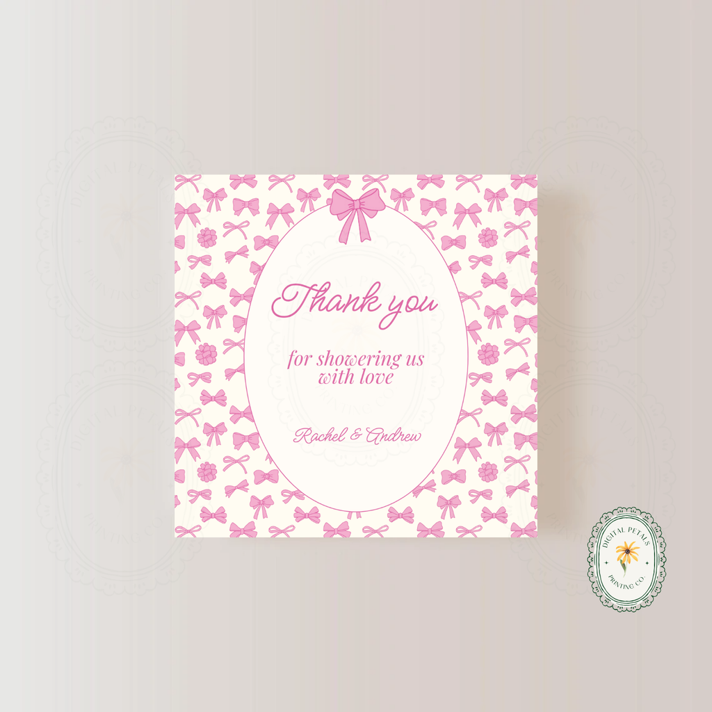 Pink Ribbons & Bows Baby Shower Thank You Card Template | Editable Canva Digital Download