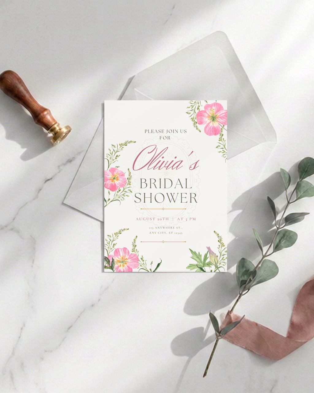 Pink Wildflower Bridal Shower Invitation | Minimalist Printable Invite | Digital Download
