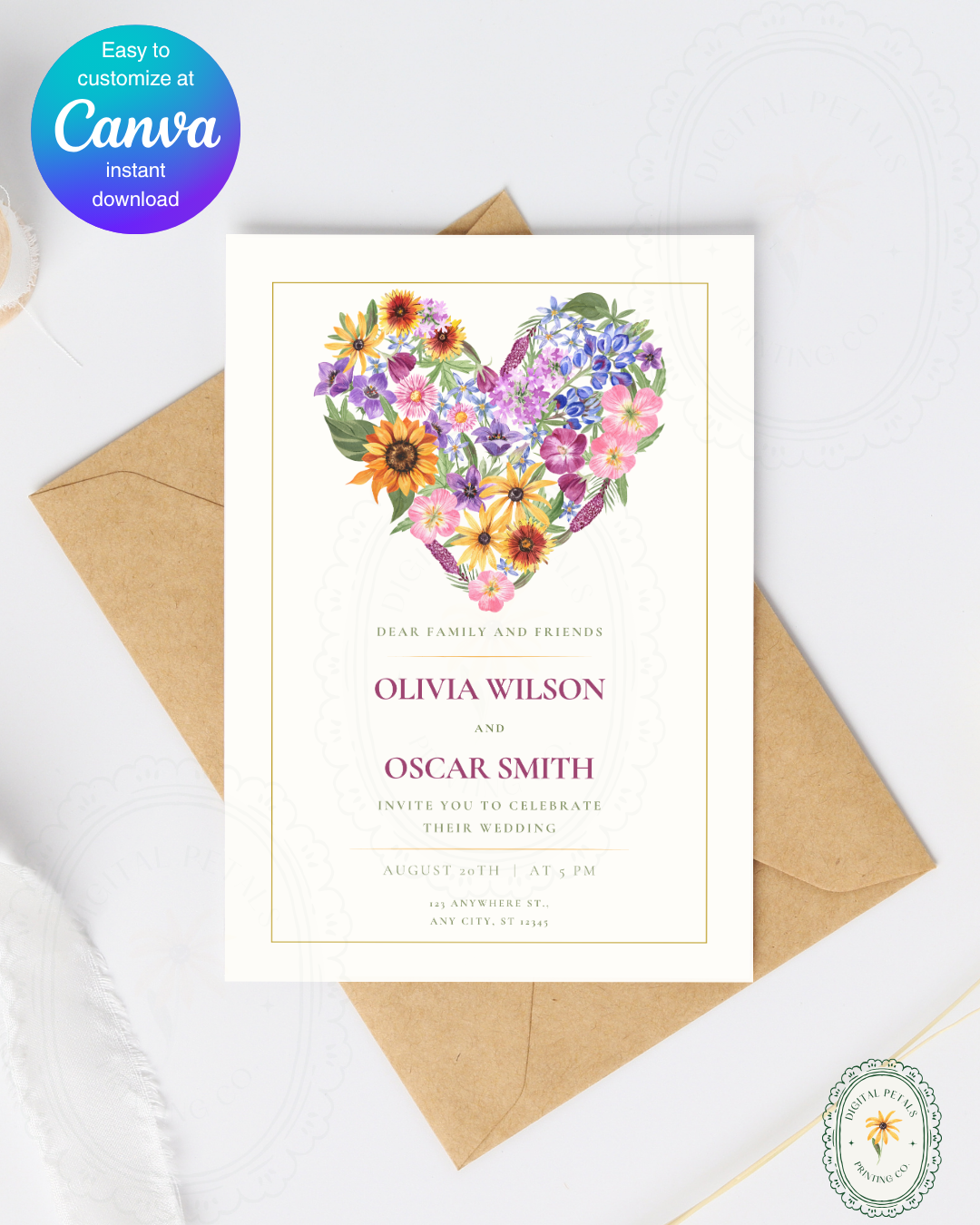 Boho Wildflower Heart Wedding Invitation — Editable Digital Download Template