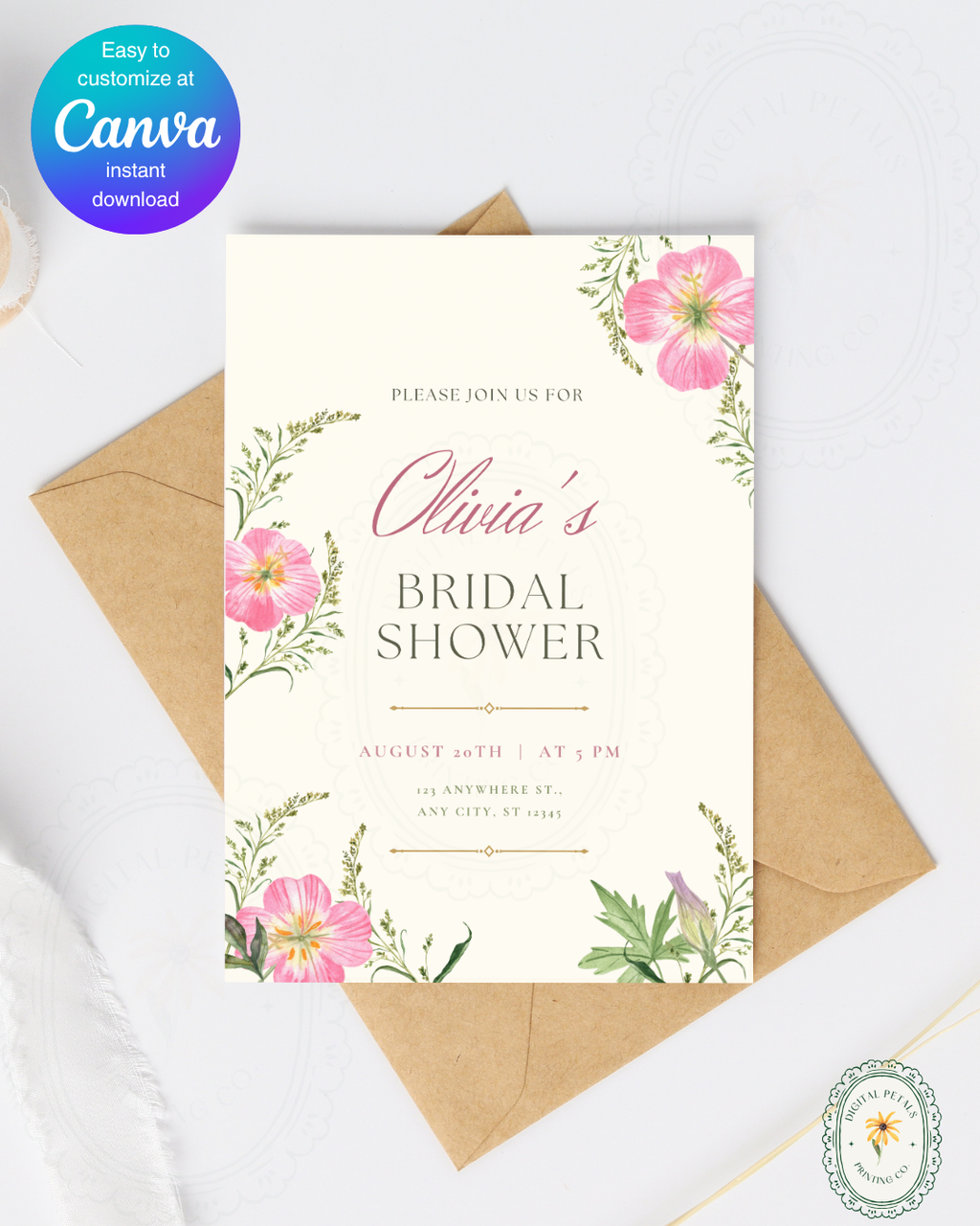 Dusty Rose & Blush Pink Wildflower Bridal Shower Invitation | Minimalist Printable Invite | Digital Download