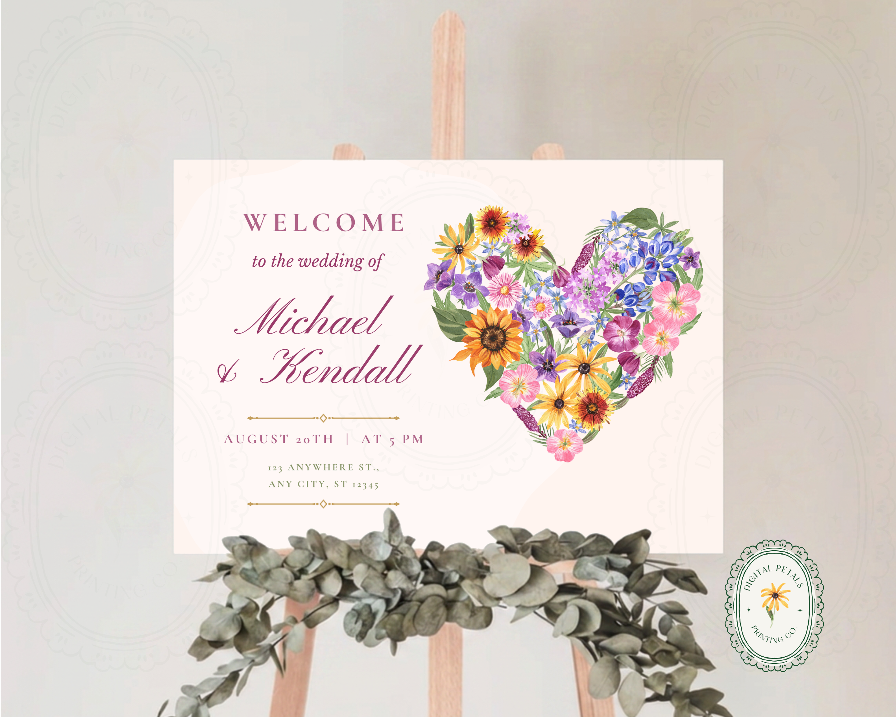 Wildflower Wedding Welcome Sign | Boho Floral Heart Border | Editable Canva Digital Download | Print at Home