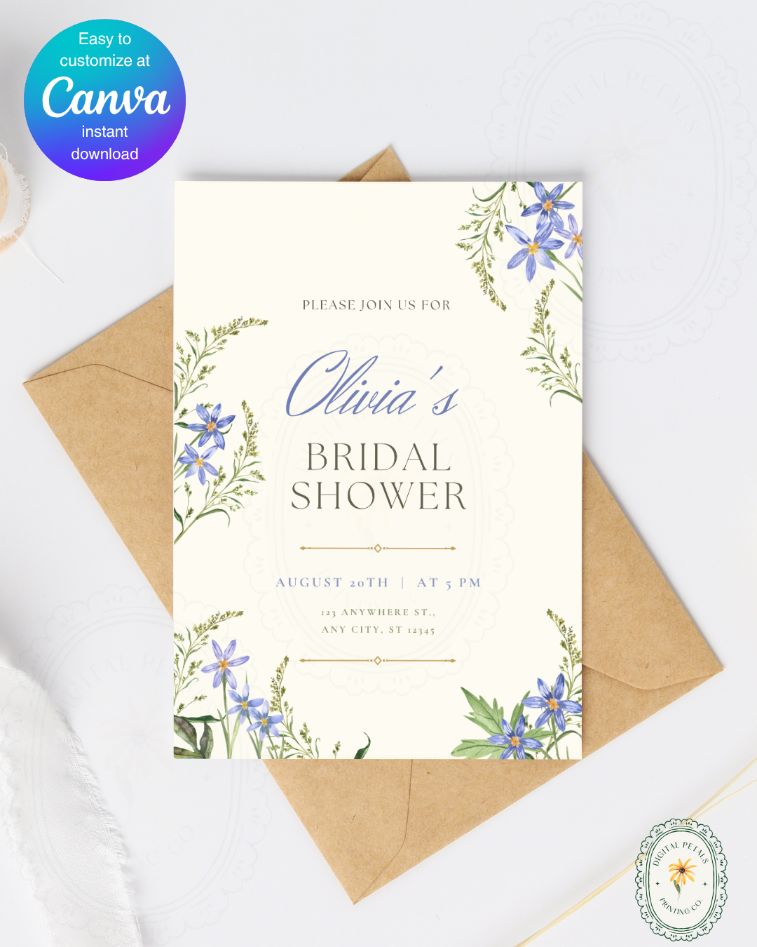 Powder Blue Wildflower Bridal Shower Invitation | Minimalist Printable Invite | Digital Download