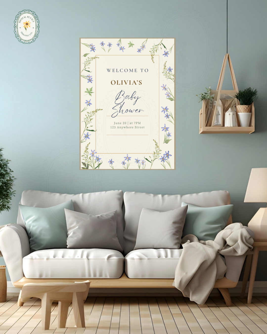 Dusty Blue Floral Botanical Baby Shower Welcome Sign | Editable Canva Template | Digital Download