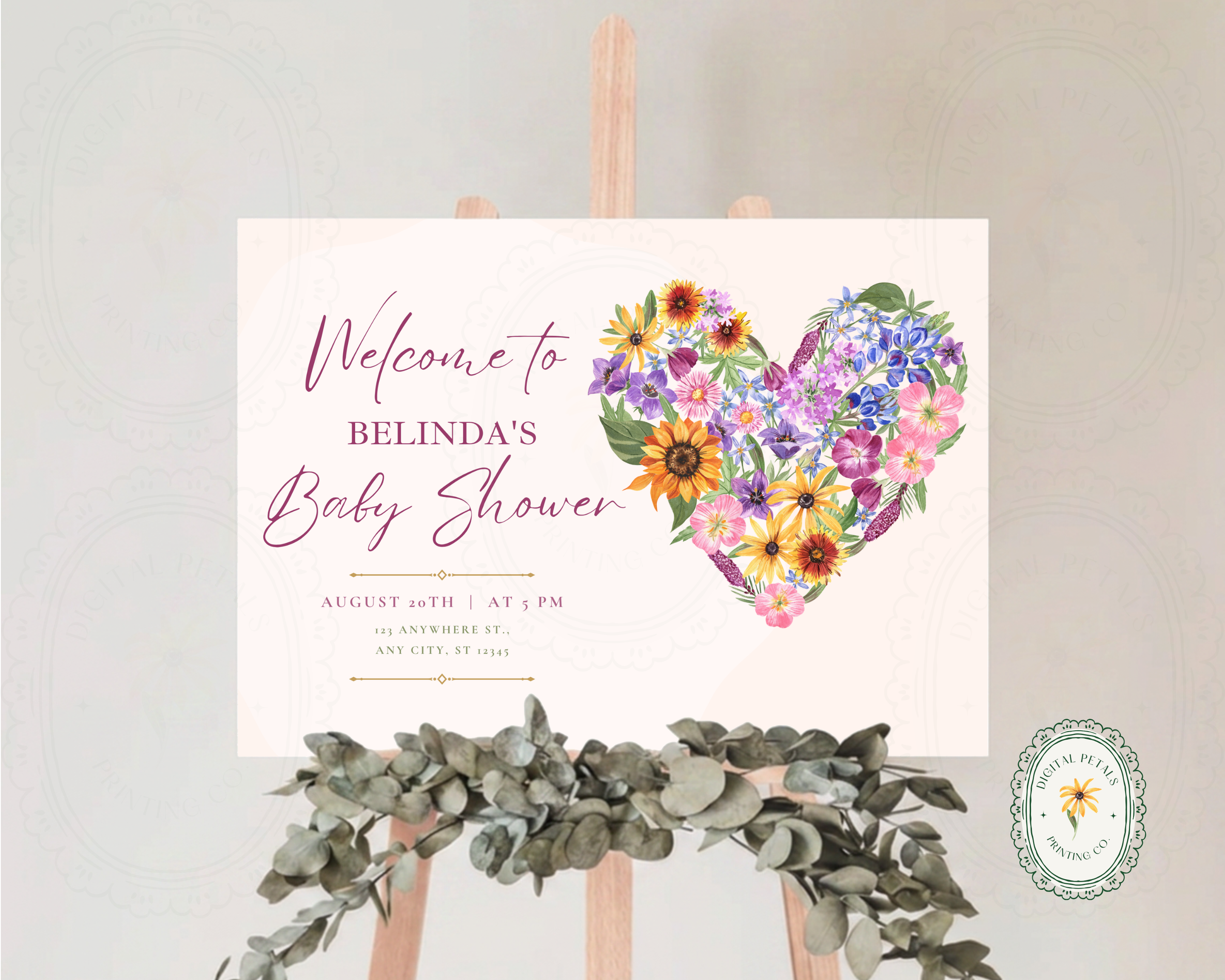 Wildflower Baby Shower Welcome Sign | Boho Floral Heart Border | Editable Canva Digital Download | Print at Home
