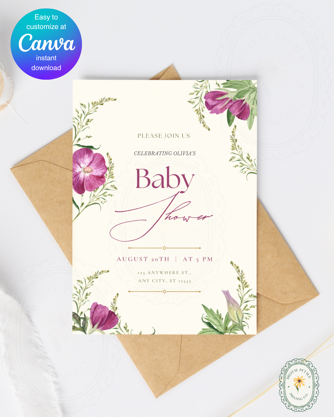Lavender & Lilac Wildflower Baby Shower Invitation | Minimalist Printable Invite | Digital Download