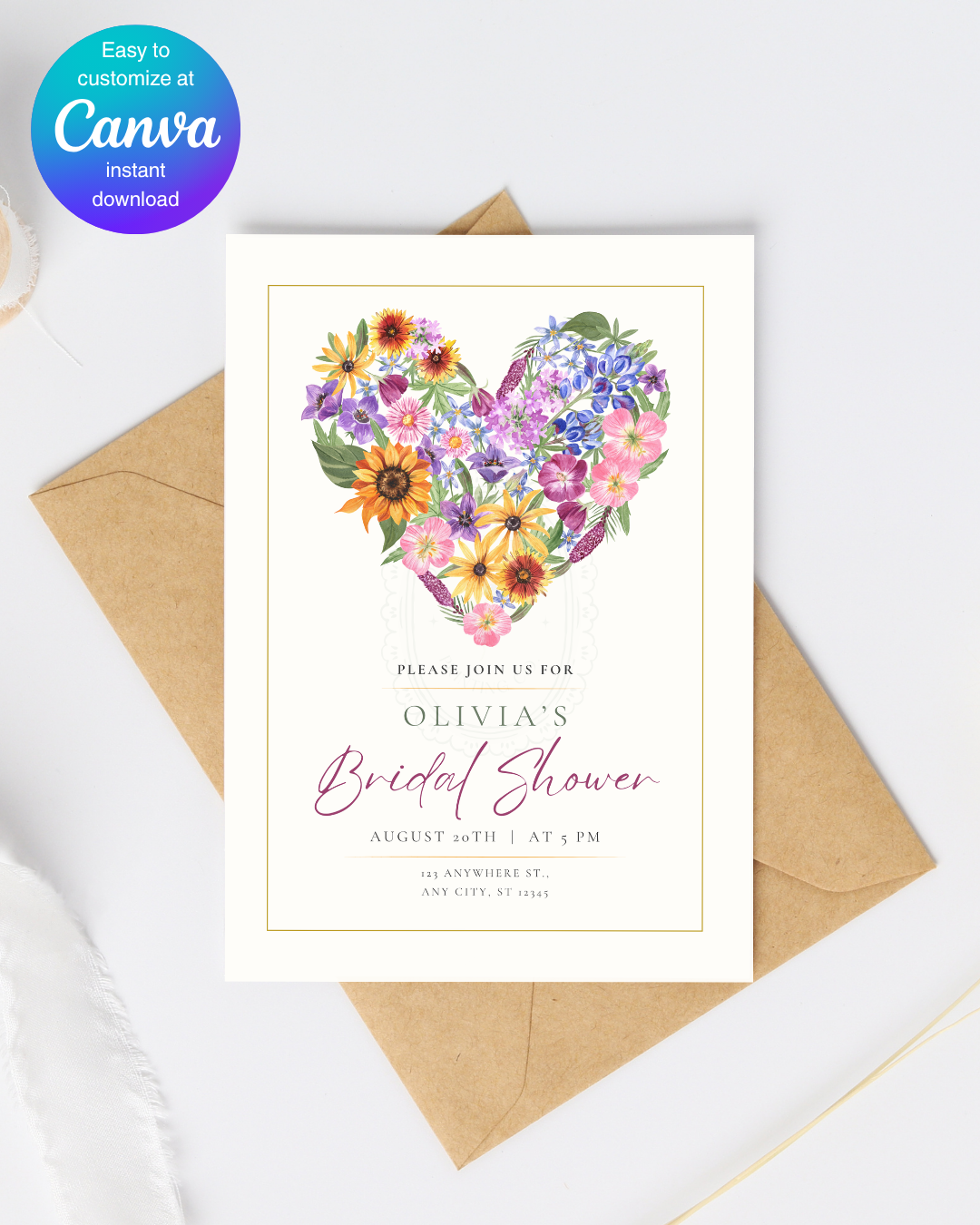 Boho Wildflower Heart Bridal Shower Invitation — Editable Digital Download Template