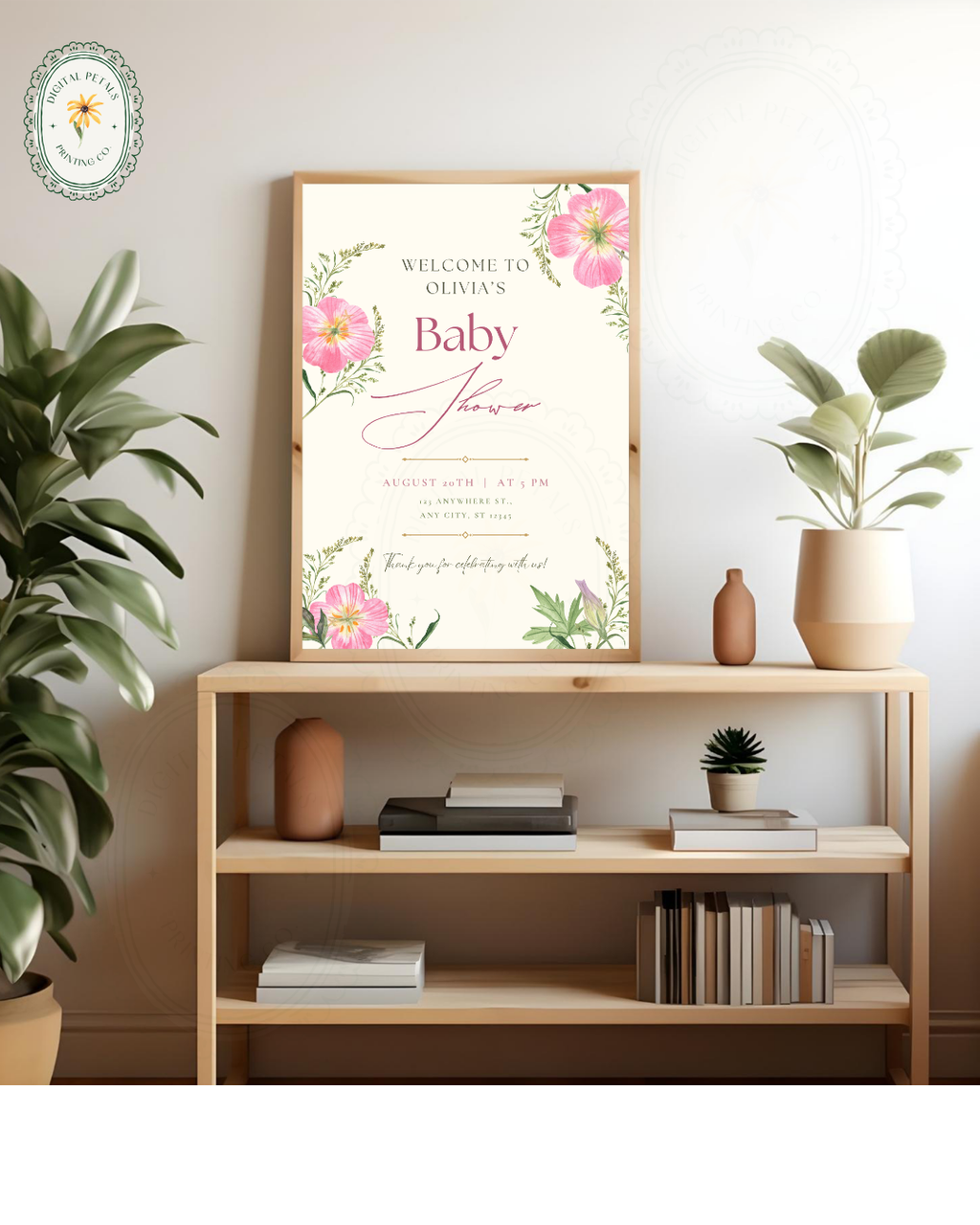 Dusty Rose & Blush Pink Wildflower Baby Shower Welcome Sign | Editable Canva Template | Digital Download