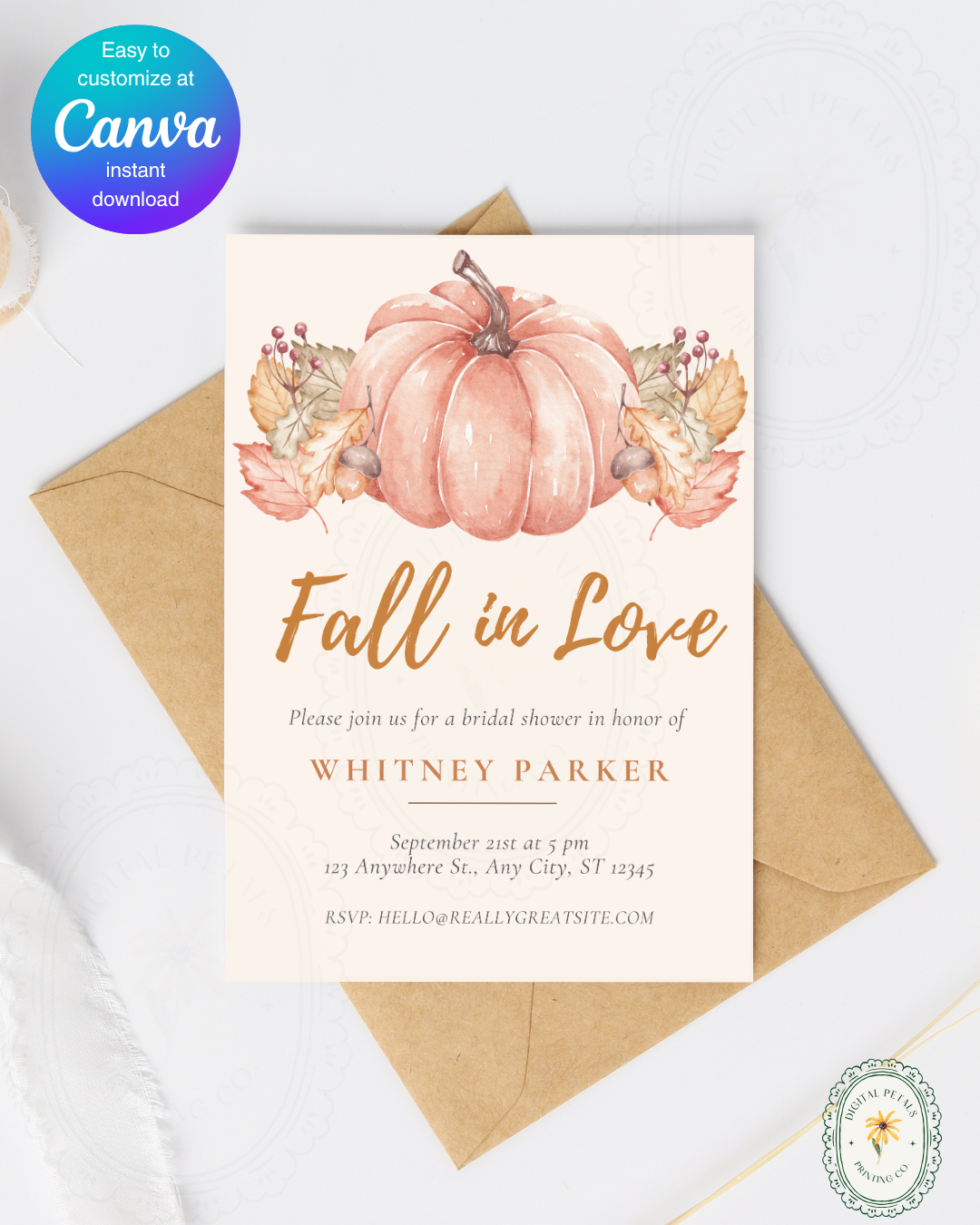 Terracotta & Rust Pumpkin Bridal Shower Invitation | Fall in Love Digital Template