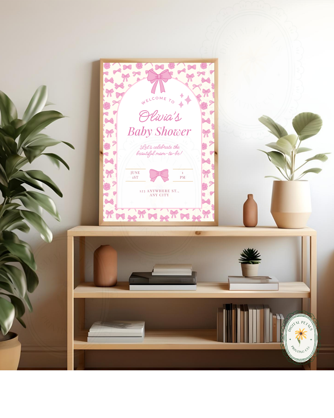 Baby Girl Shower Welcome Sign Template | Pink Ribbons & Bows | Canva Editable