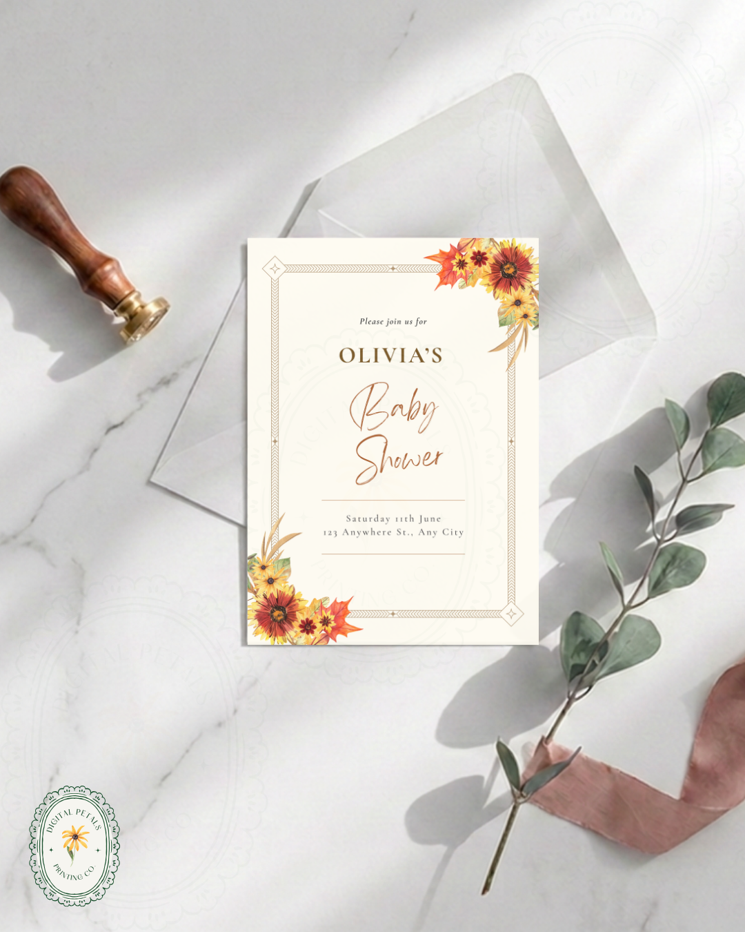 Rustic Fall Wildflowers Baby Shower Invitation Template | Hand Painted Cottagecore Digital Download