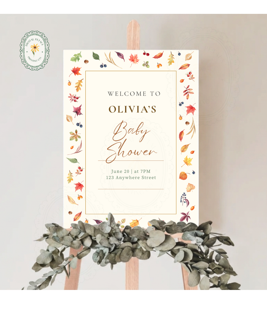 Terracotta & Cream Fall Leaves Baby Shower Welcome Sign | Editable Canva Template | Digital Download
