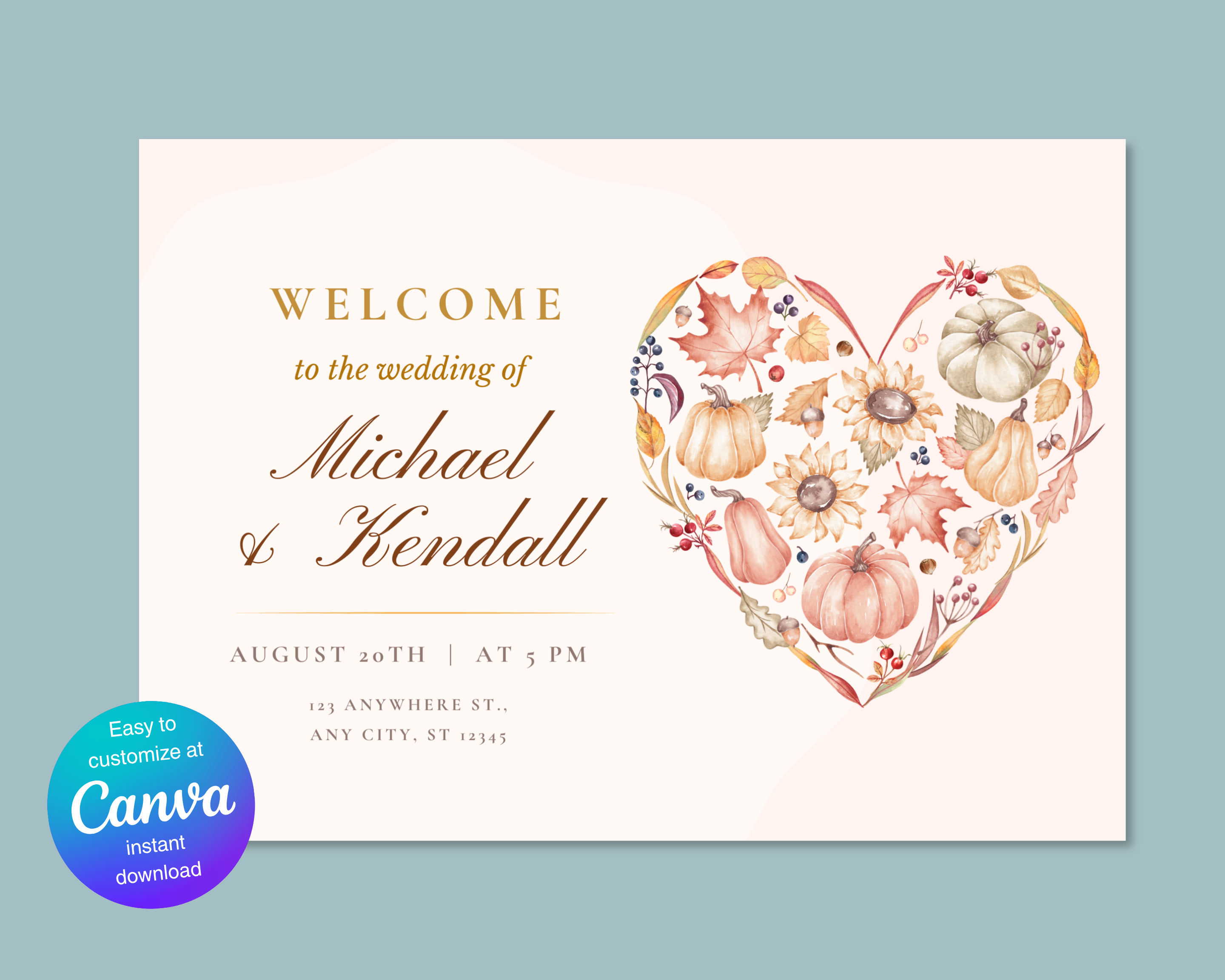 Autumn Wedding Welcome Sign | Rustic Heart Floral Border | Editable Canva Digital Download | Print at Home