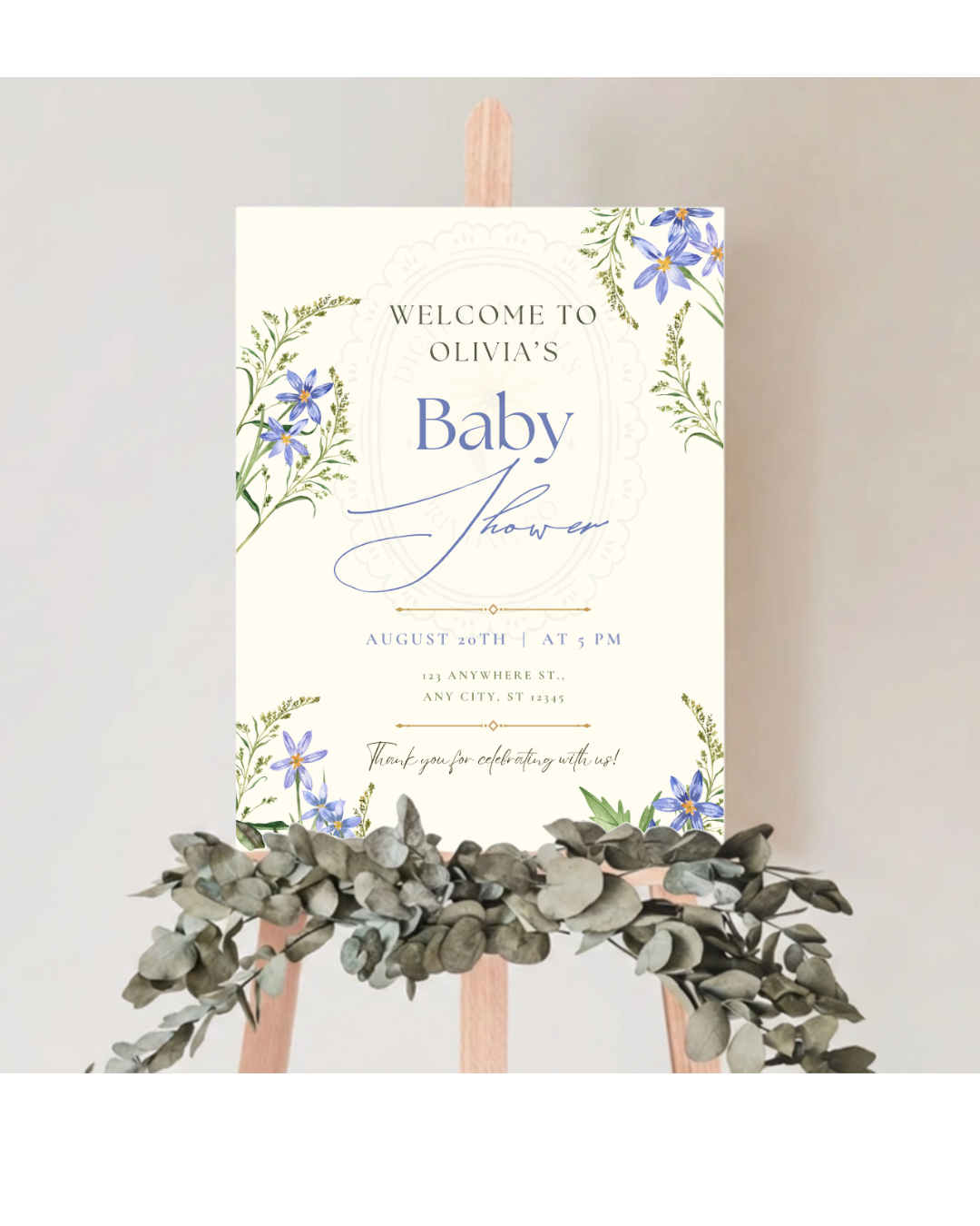 Powder Blue Wildflower Baby Shower Welcome Sign | Editable Canva Template | Digital Download