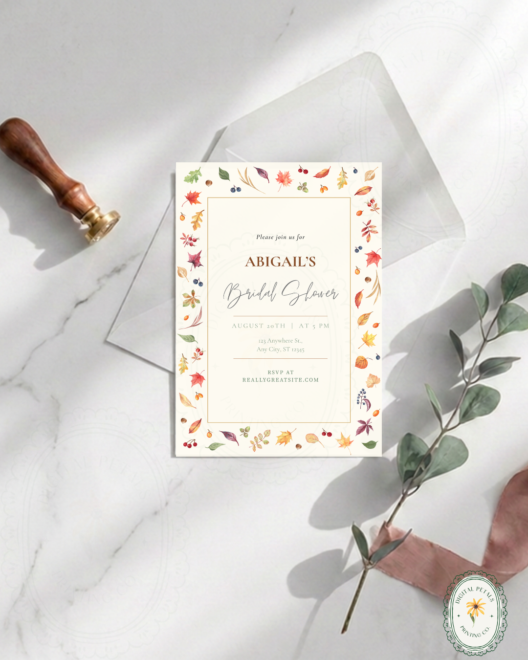 Fall Leaves Bridal Shower Invitation Template | Terracotta & Cream | Digital Download