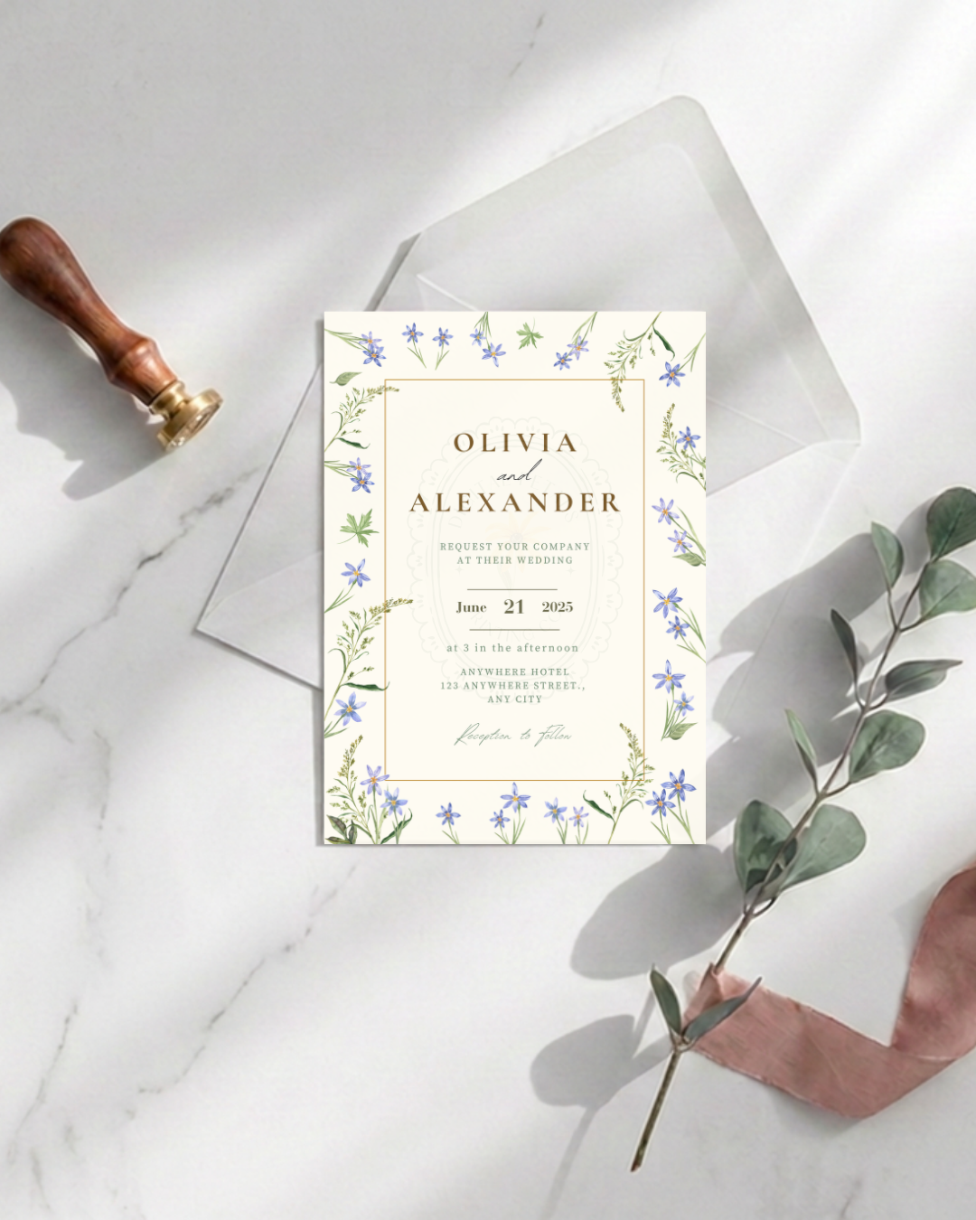 Blue Floral Border Wedding Invitation Template | Editable Digital Download