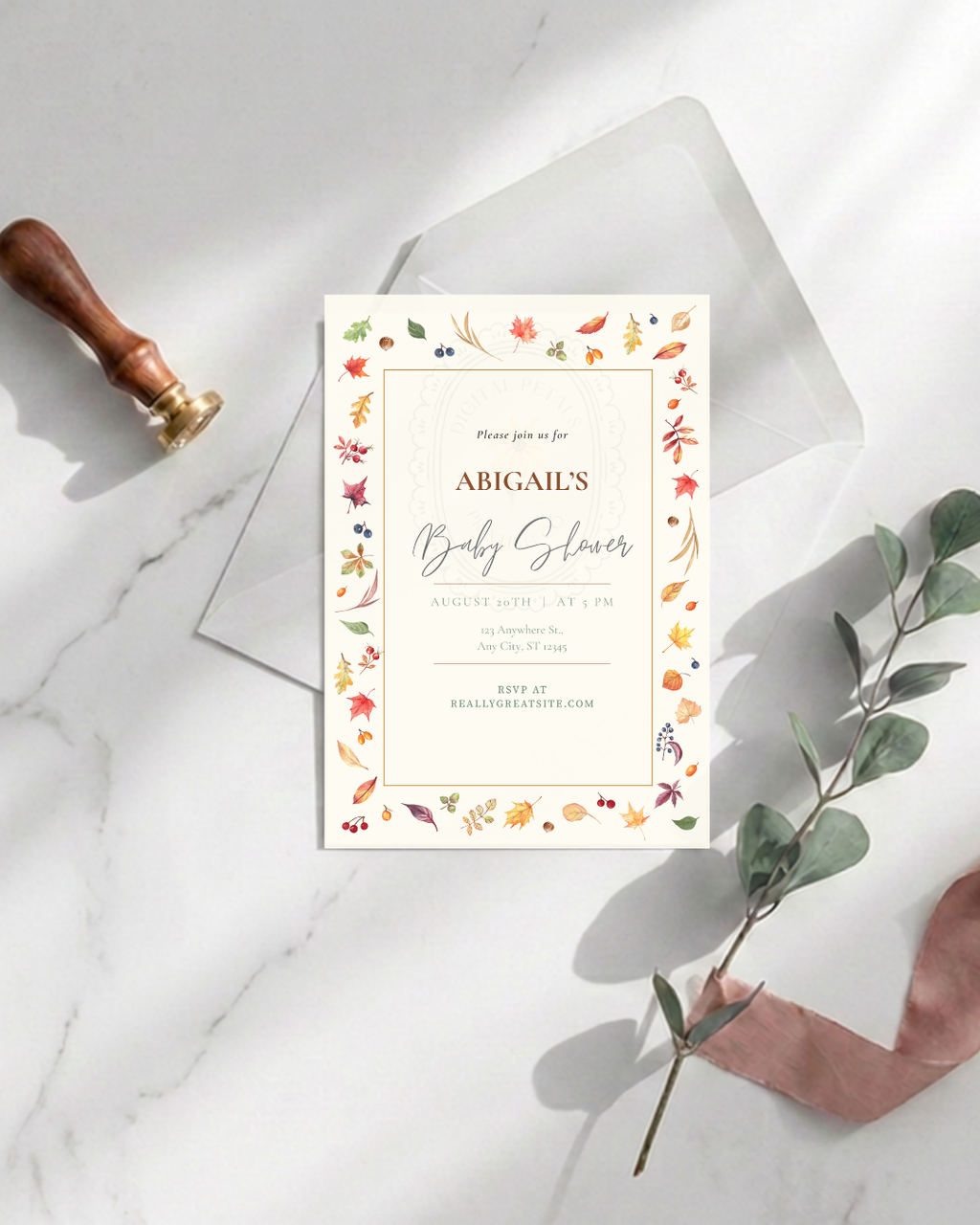 Fall Leaves Baby Shower Invitation Template | Terracotta & Cream | Digital Download