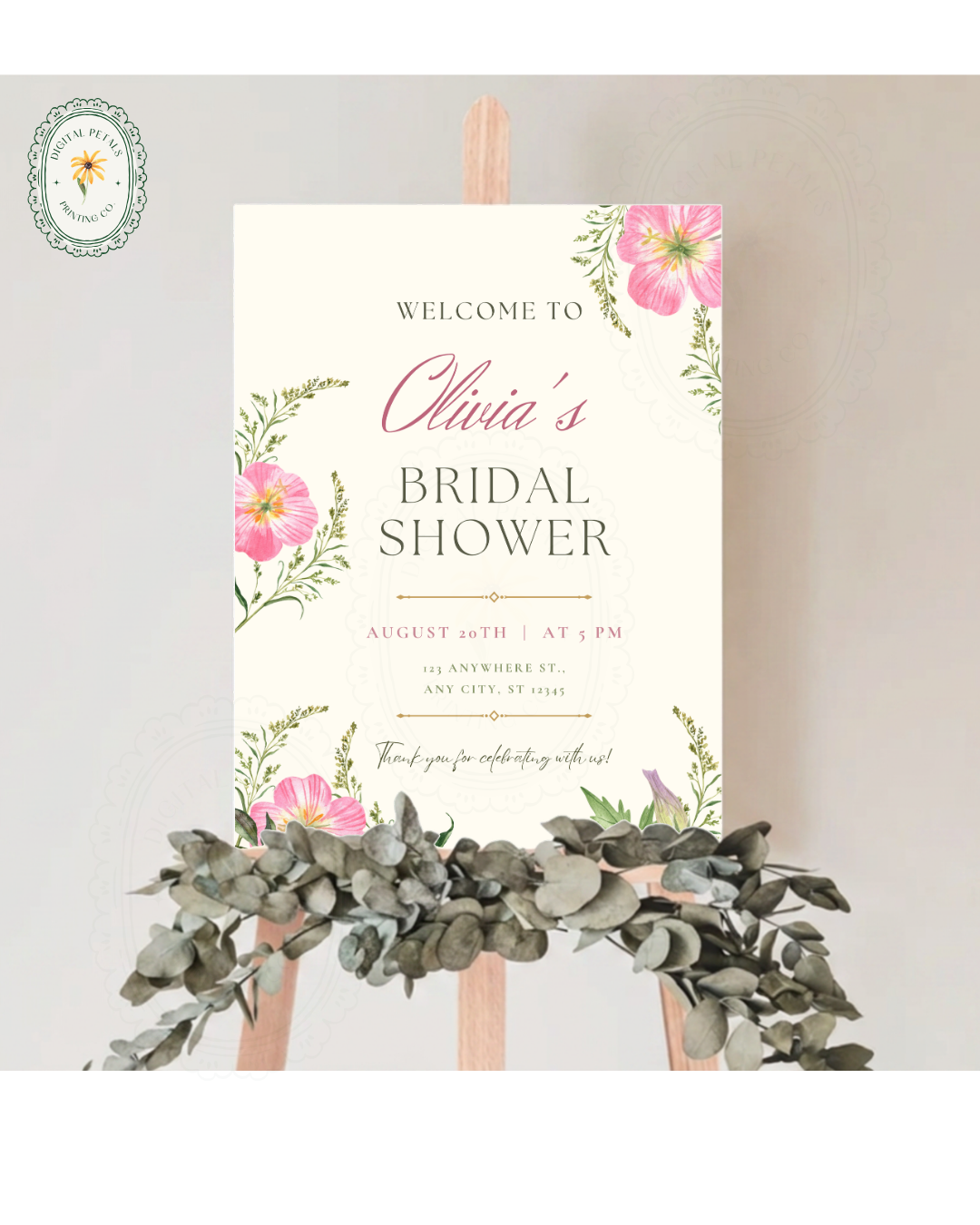 Dusty Rose & Blush Pink Wildflower Bridal Shower Welcome Sign | Editable Canva Template | Digital Download