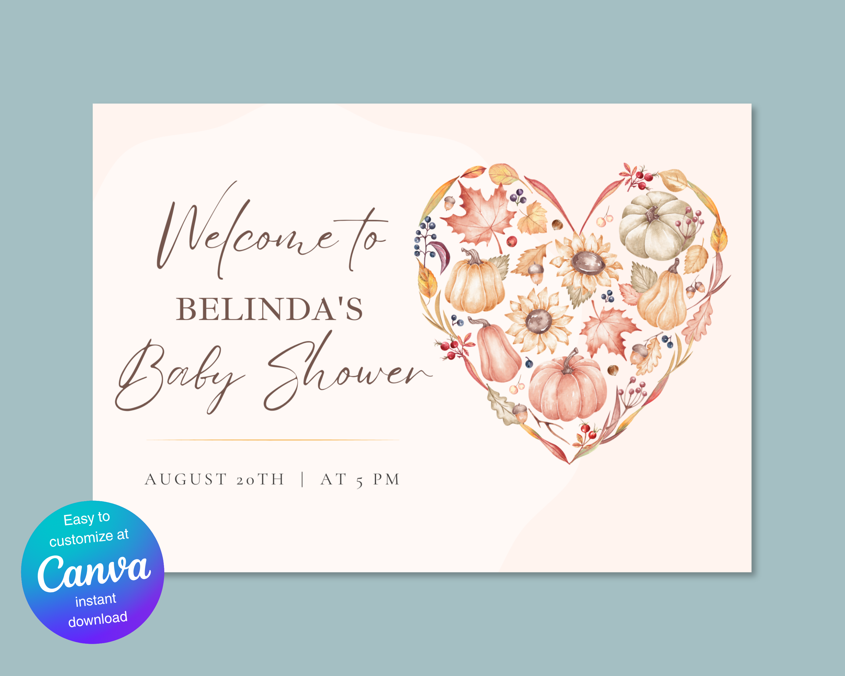 Autumn Baby Shower Welcome Sign | Rustic Heart Floral Border | Editable Canva Digital Download | Print at Home