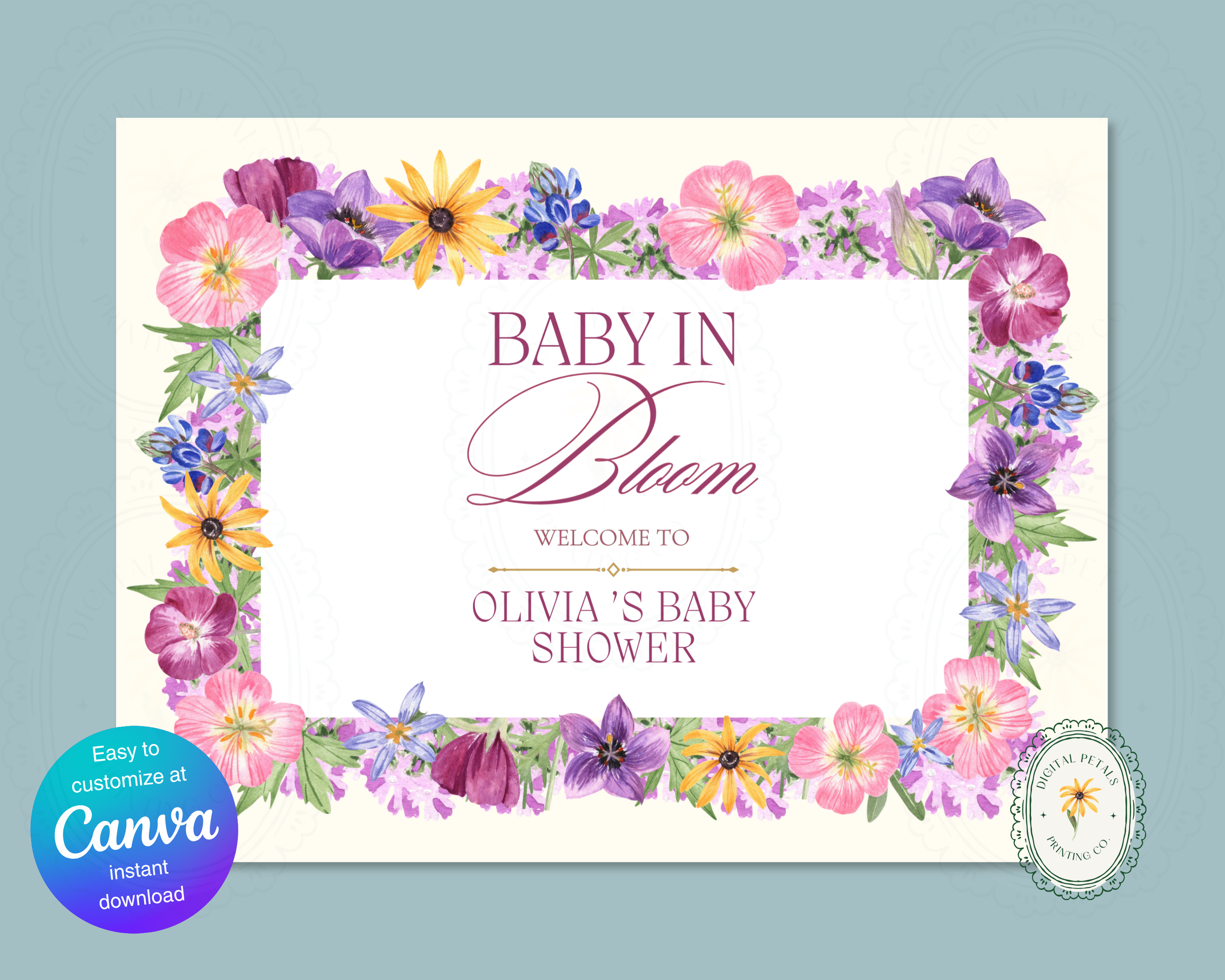 Baby Shower Garden Party Welcome Sign Wildflower Template | Editable Canva Digital Download