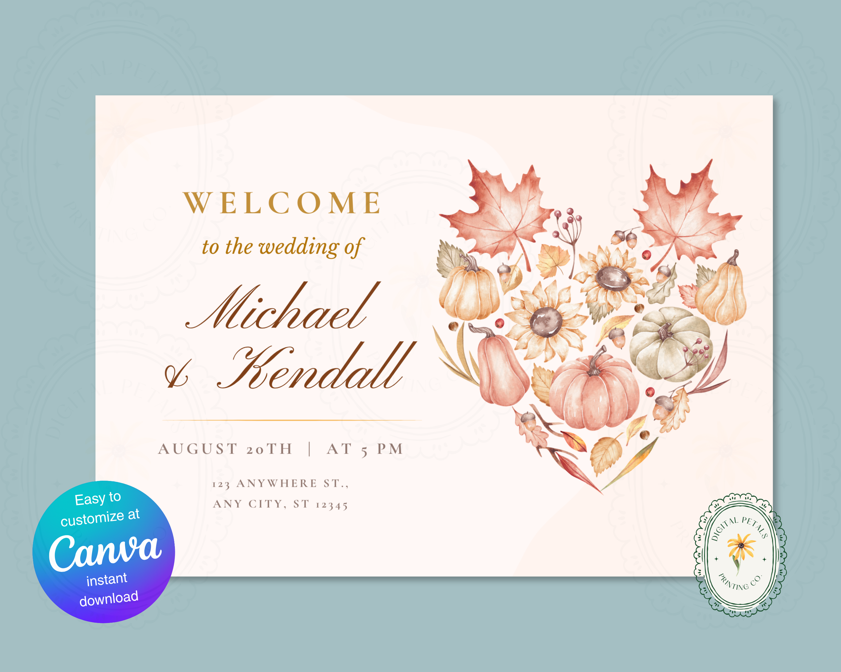 Leaves of Fall Wedding Welcome Sign | Autumn Canva Template | Editable Digital Download