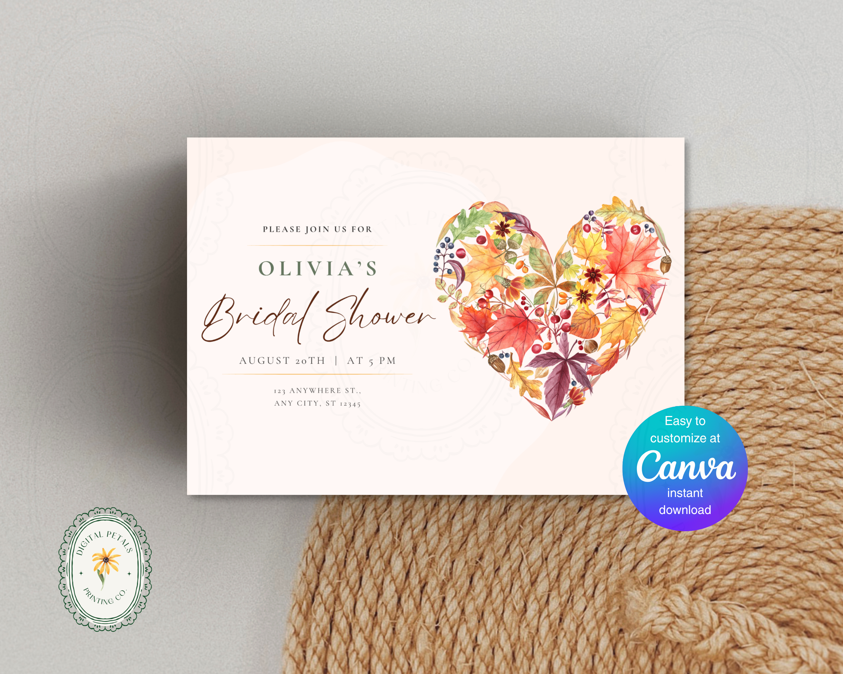 Amber Fall Heart Bridal Shower Invitation | Printable Landscape Template | Digital Download