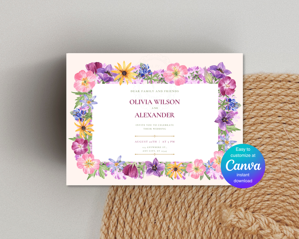 Dusty Lilac Wildflower Border Wedding Landscape Invitation | Printable Landscape Template | Digital Download