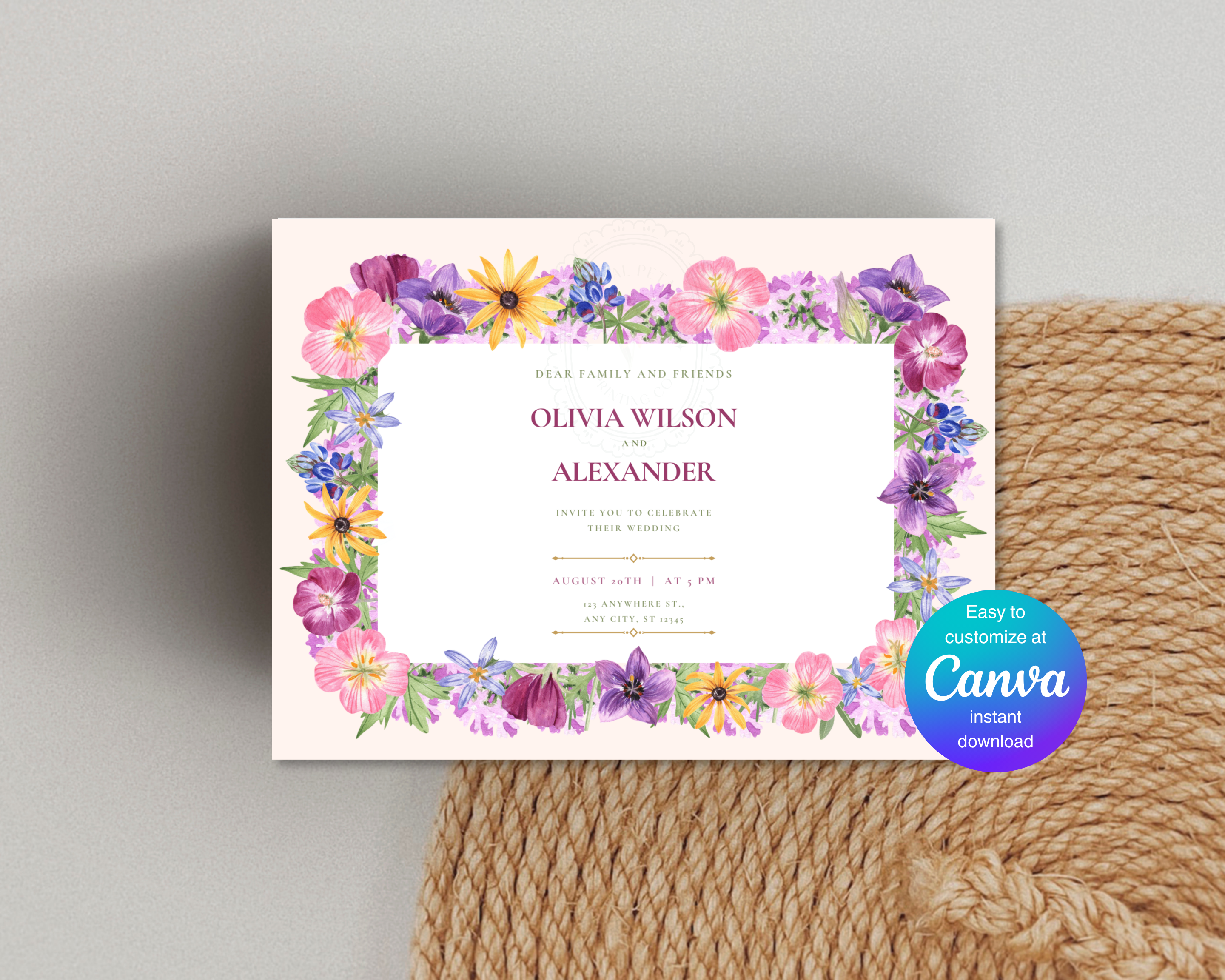 Dusty Lilac Wildflower Border Wedding Landscape Invitation | Printable Landscape Template | Digital Download