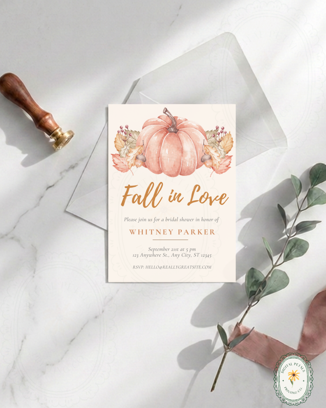 Terracotta & Rust Pumpkin Bridal Shower Invitation | Fall in Love Digital Template