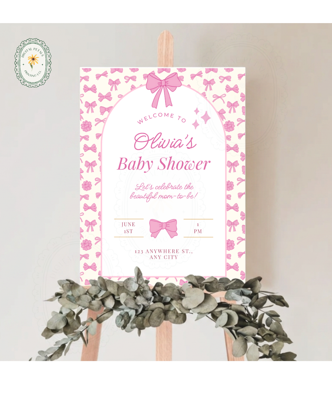 Baby Girl Shower Welcome Sign Template | Pink Ribbons & Bows | Canva Editable