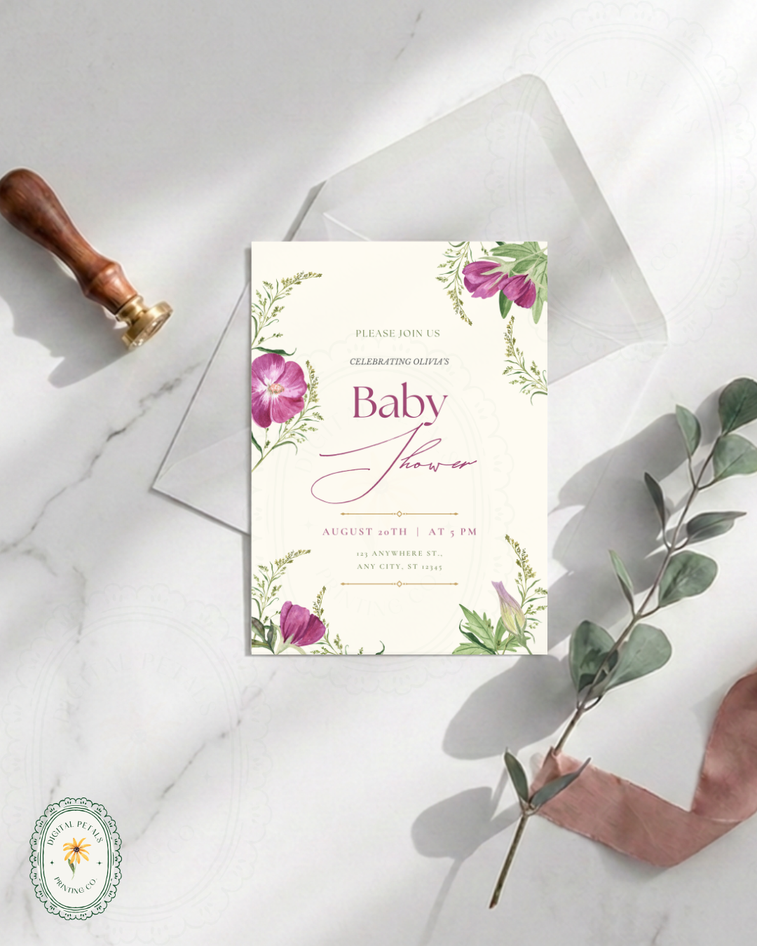 Lavender & Lilac Wildflower Baby Shower Invitation | Minimalist Printable Invite | Digital Download