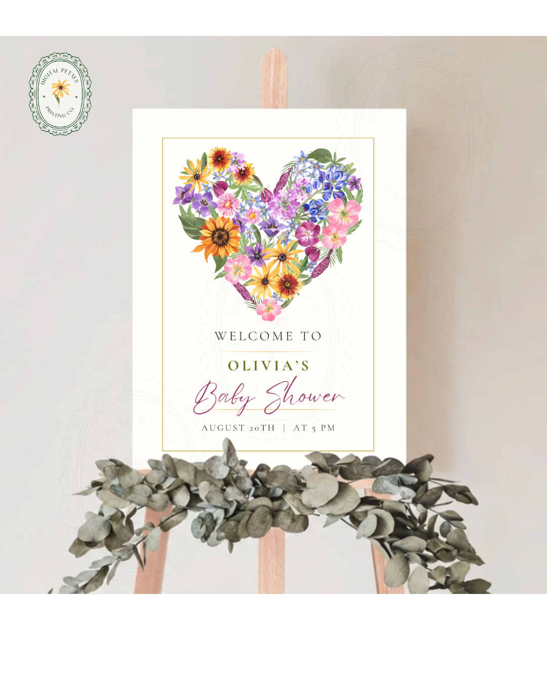Boho Wildflower Heart Baby Shower Welcome Sign | Editable Canva Template | Instant Digital Download