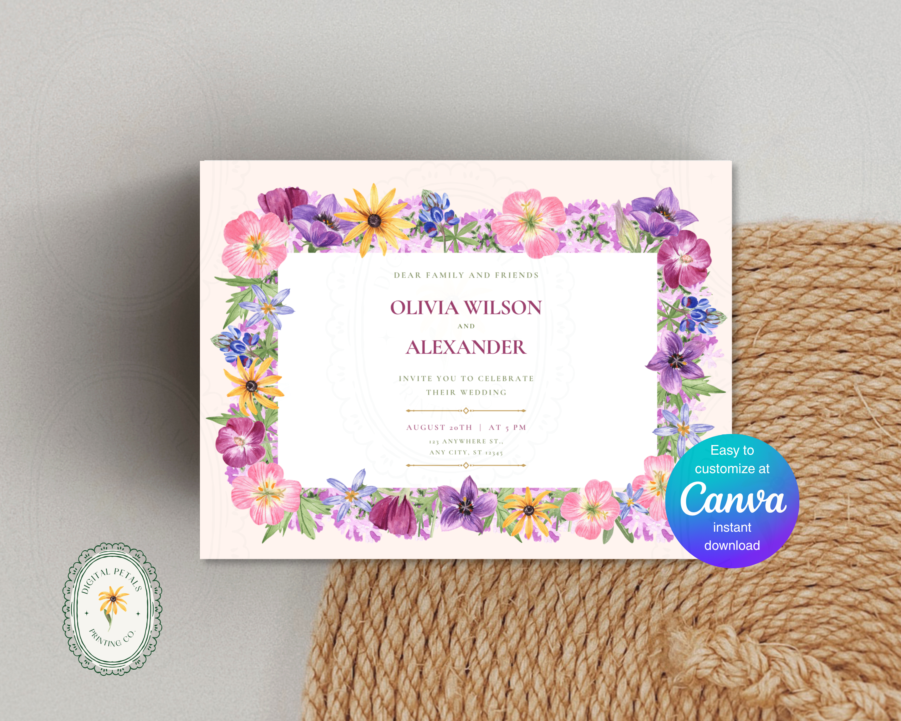 Dusty Lilac Wildflower Border Wedding Landscape Invitation | Printable Landscape Template | Digital Download