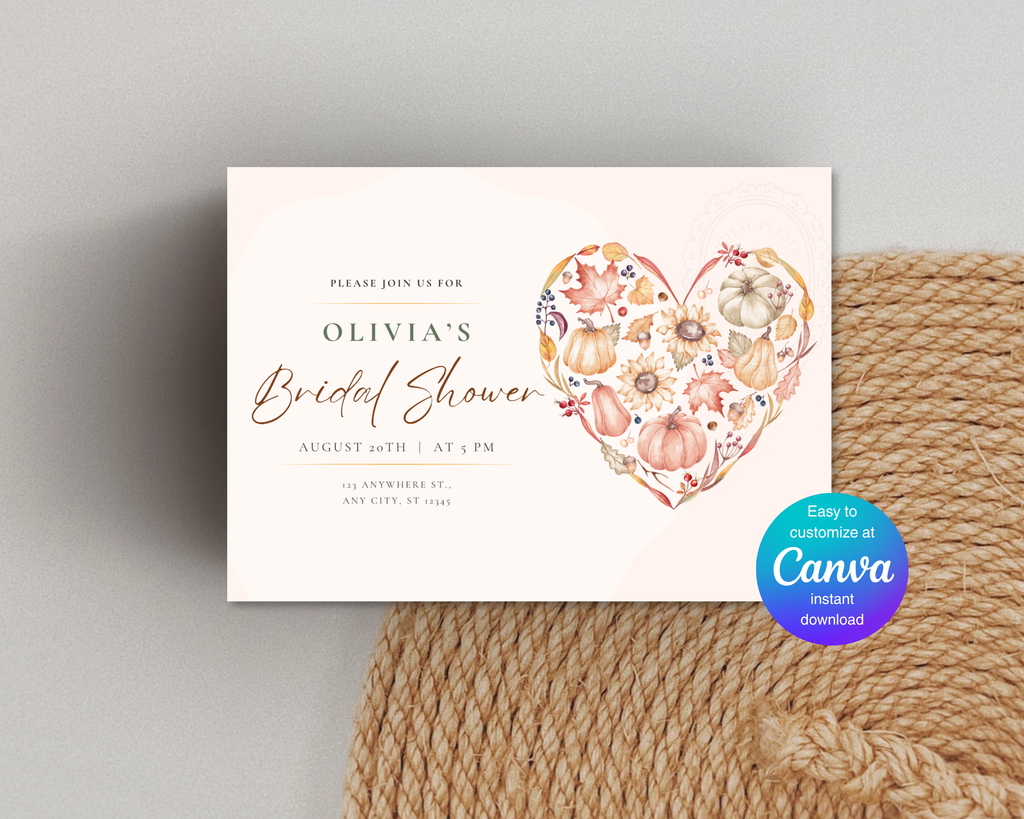Pumpkin Sunflower Fall Bridal Shower Invitation | Printable Landscape Template | Digital Download