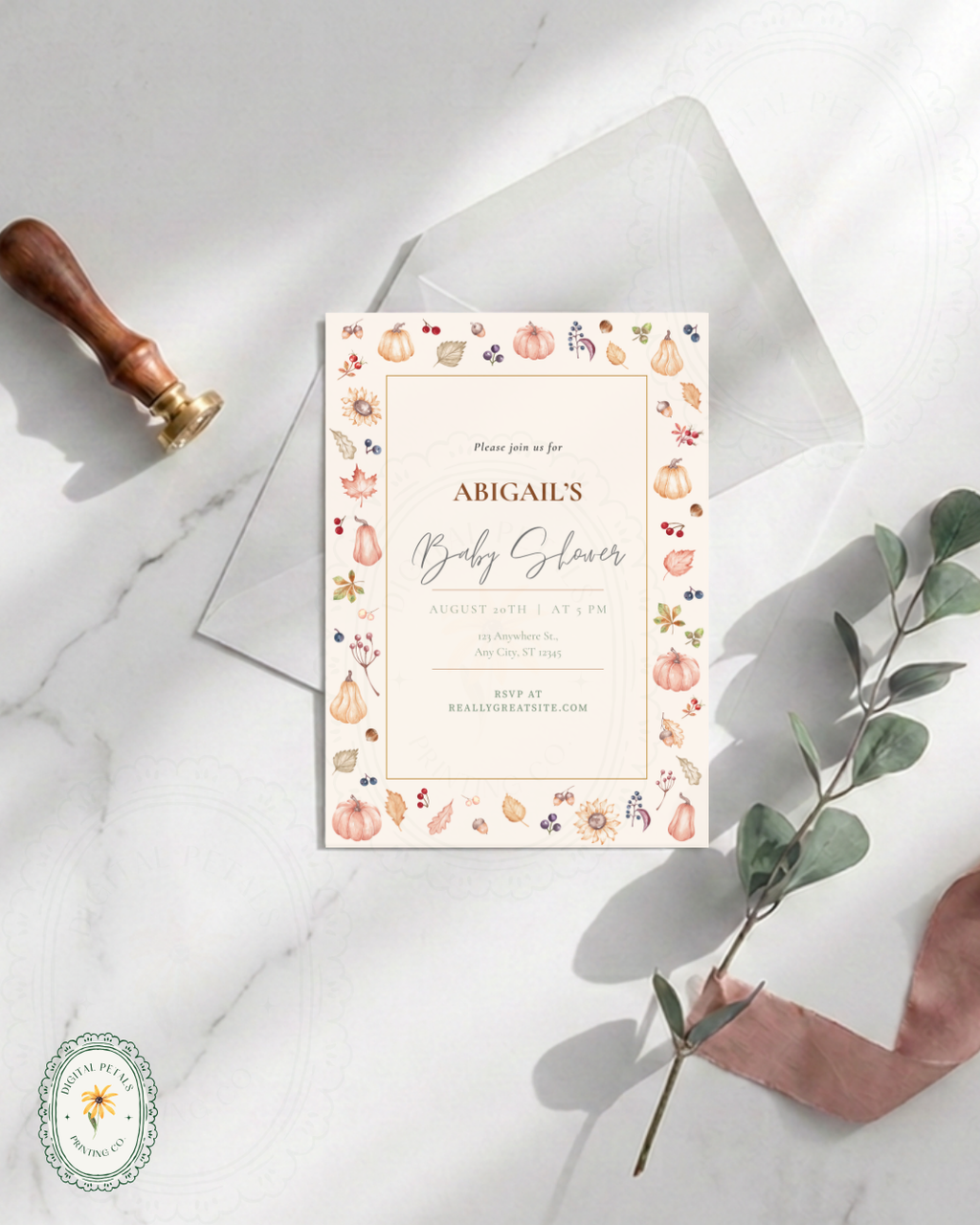Autumn Harvest Wildflowers Baby Shower Invitation Template | Editable Canva Digital Download