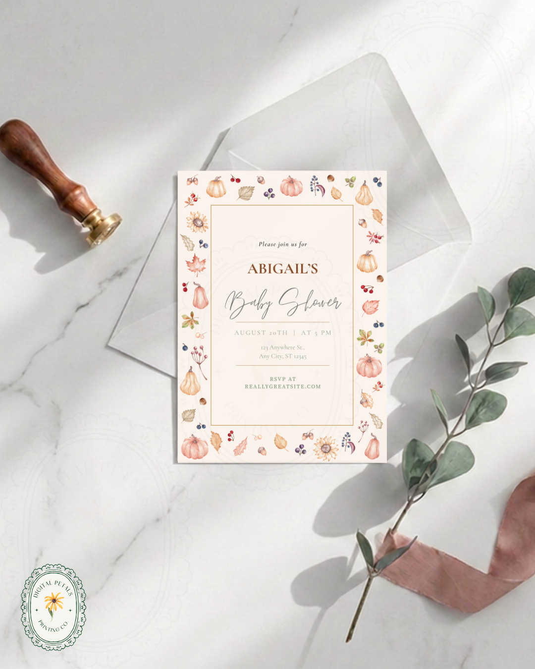 Autumn Harvest Wildflowers Baby Shower Invitation Template | Editable Canva Digital Download