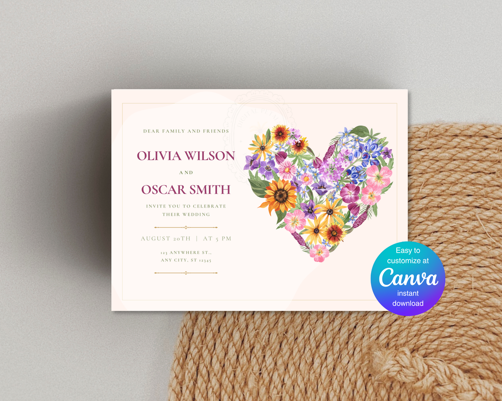 Lavender Wildflower Spring Heart Wedding Invitation | Floral Landscape Digital Download | Canva Editable