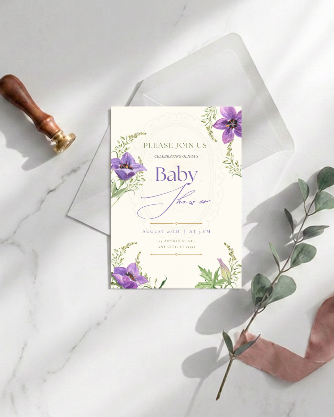 Violet & Periwinkle Wildflower Baby Shower Invitation | Minimalist Printable Invite | Digital Download