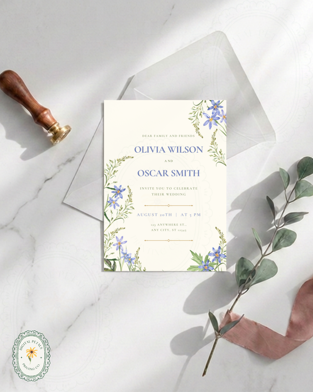 Powder Blue Wildflower Wedding Invitation | Minimalist Printable Invite | Digital Download