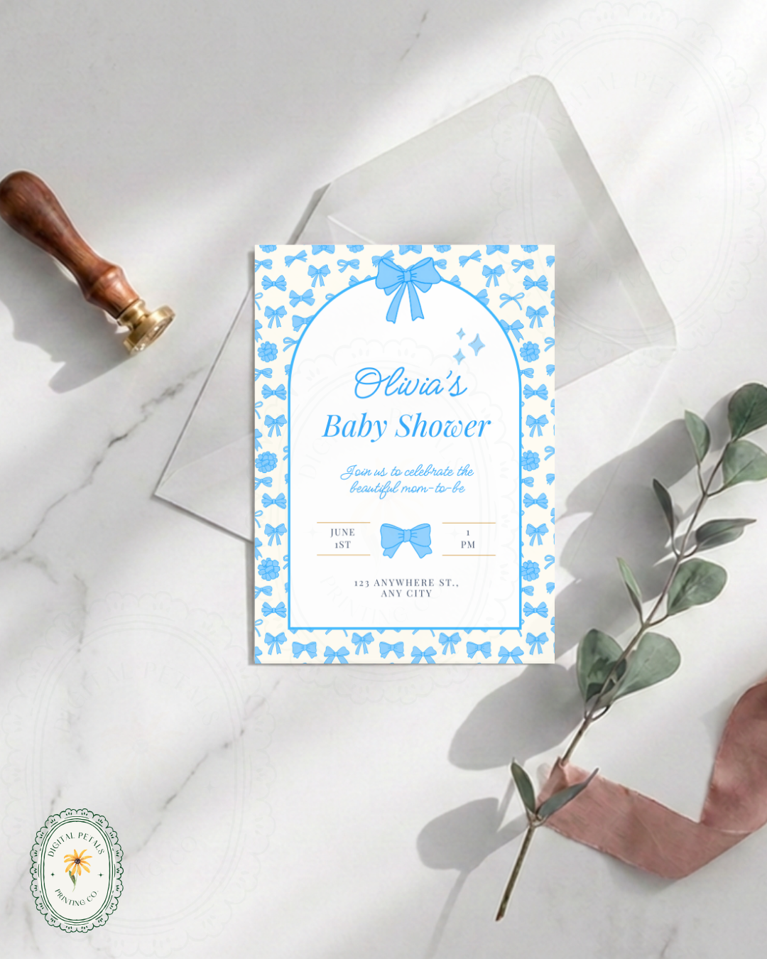 Baby Shower Invitation Template | Powder Blue Ribbons & Bows | Canva Editable