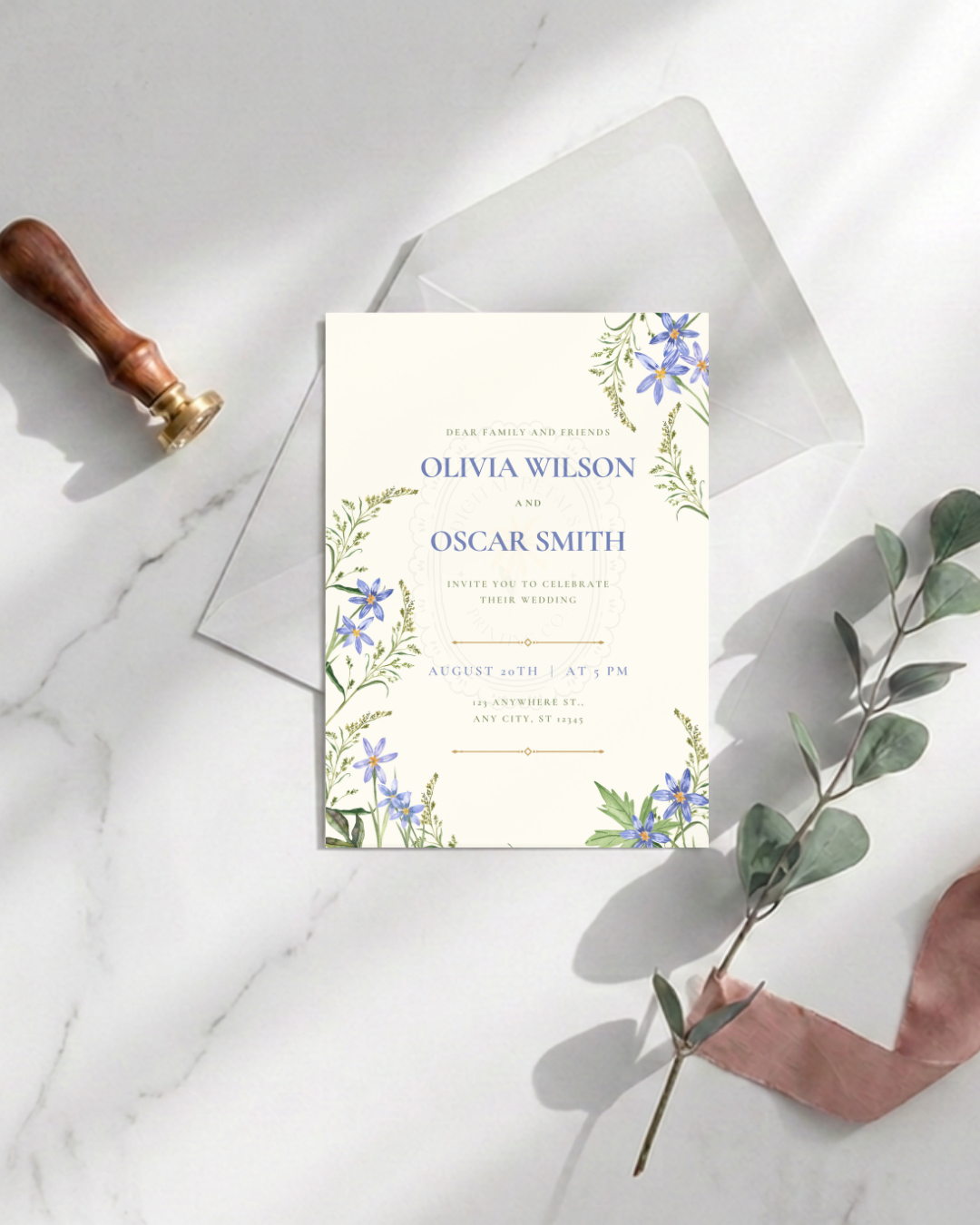 Powder Blue Wildflower Wedding Invitation | Minimalist Printable Invite | Digital Download