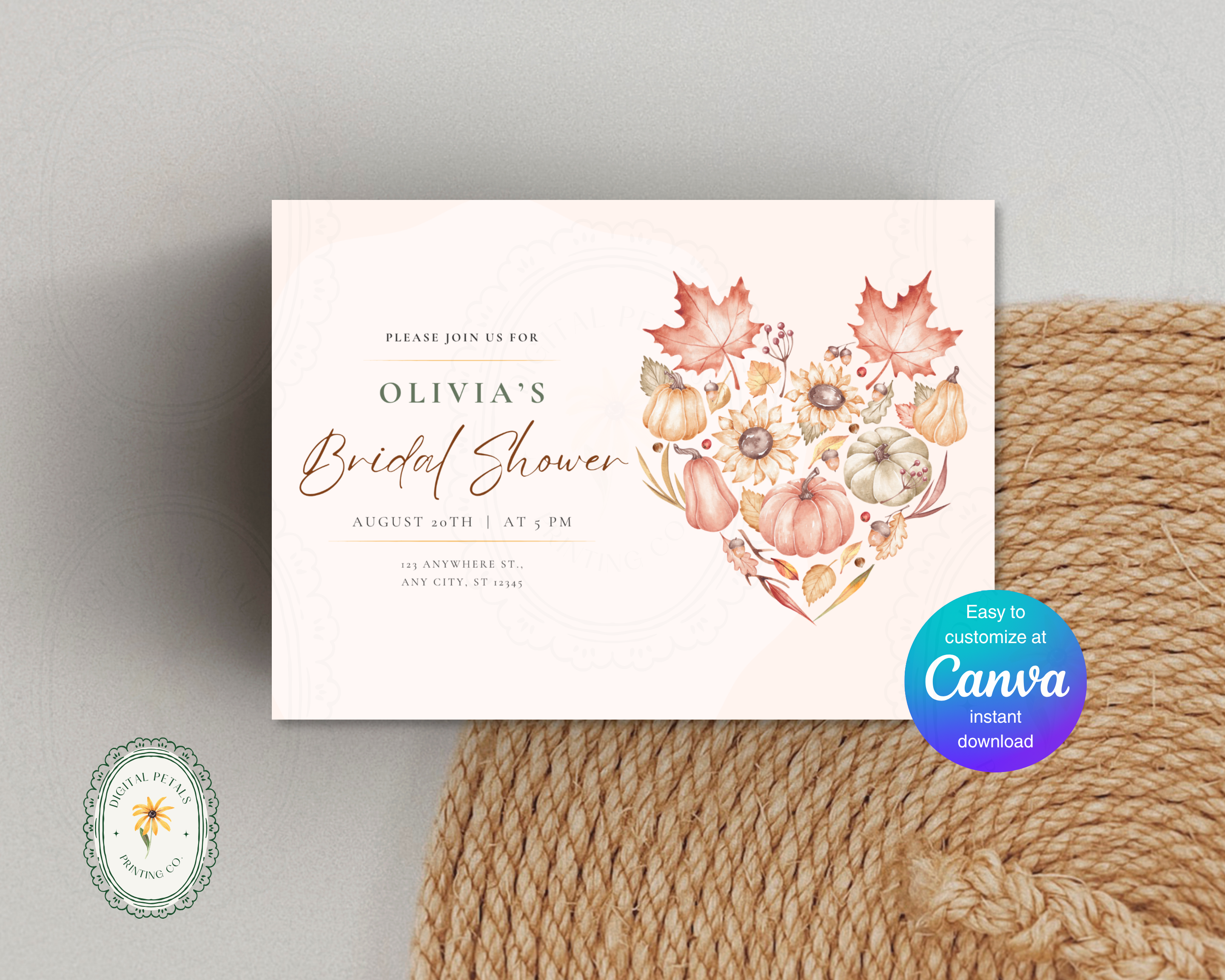 Autumn Maple Leaves Fall Bridal Shower Invitation | Printable Landscape Template | Digital Download