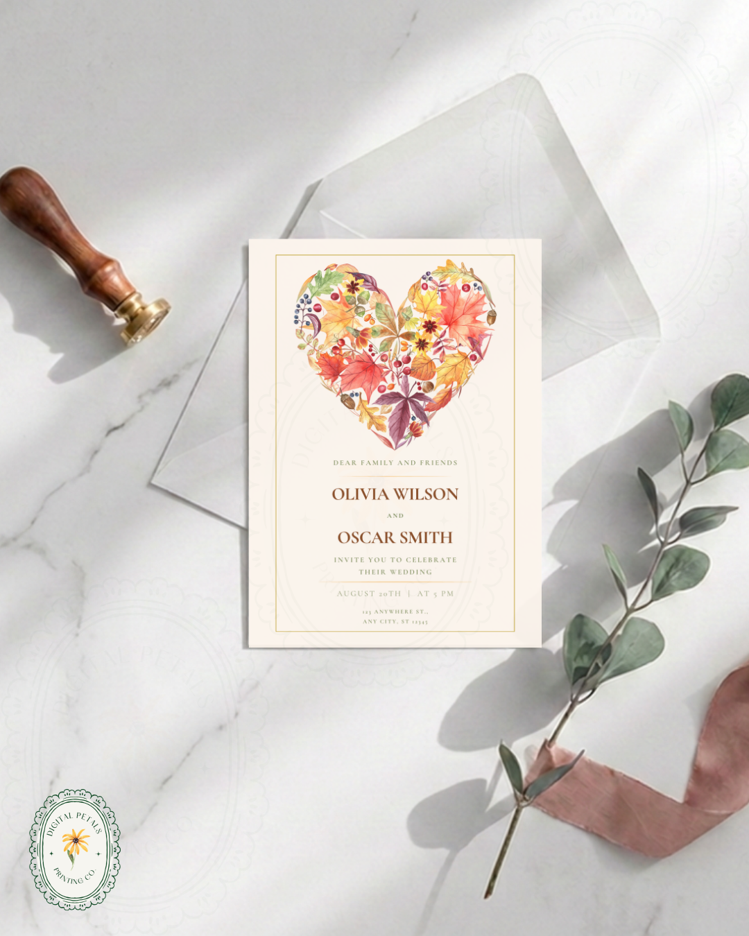 Terracotta & Rust Fall Heart Wedding Invitation — Editable Digital Download Template