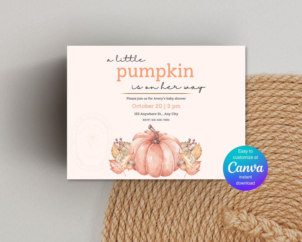A Little Pumpkin Baby Shower Invitation | Autumn Landscape Digital Download | Canva Editable