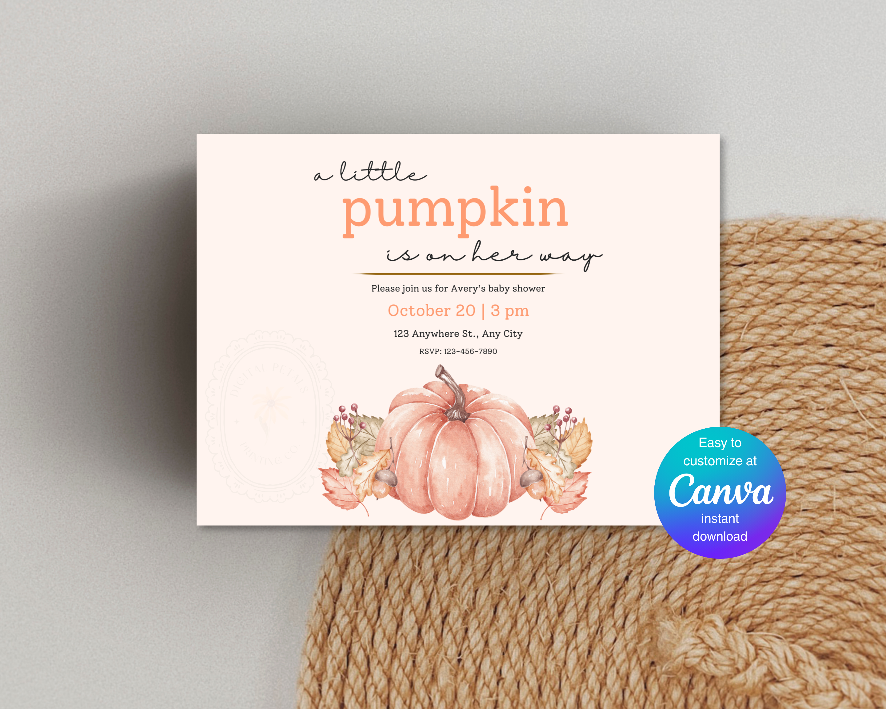 A Little Pumpkin Baby Shower Invitation | Autumn Landscape Digital Download | Canva Editable