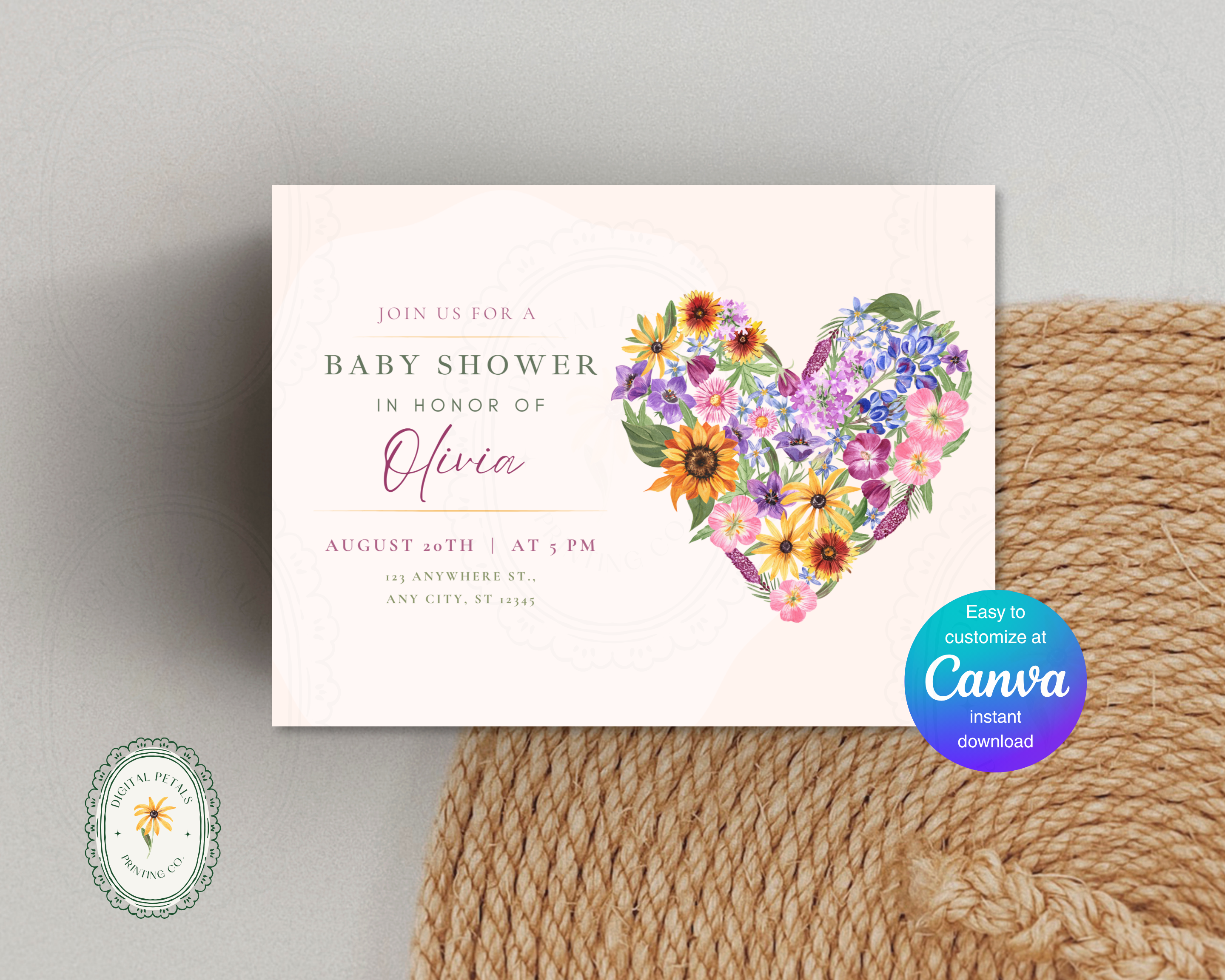 Lavender Cream Spring Heart Baby Shower Landscape Invitation | Floral Digital Download | Canva Editable