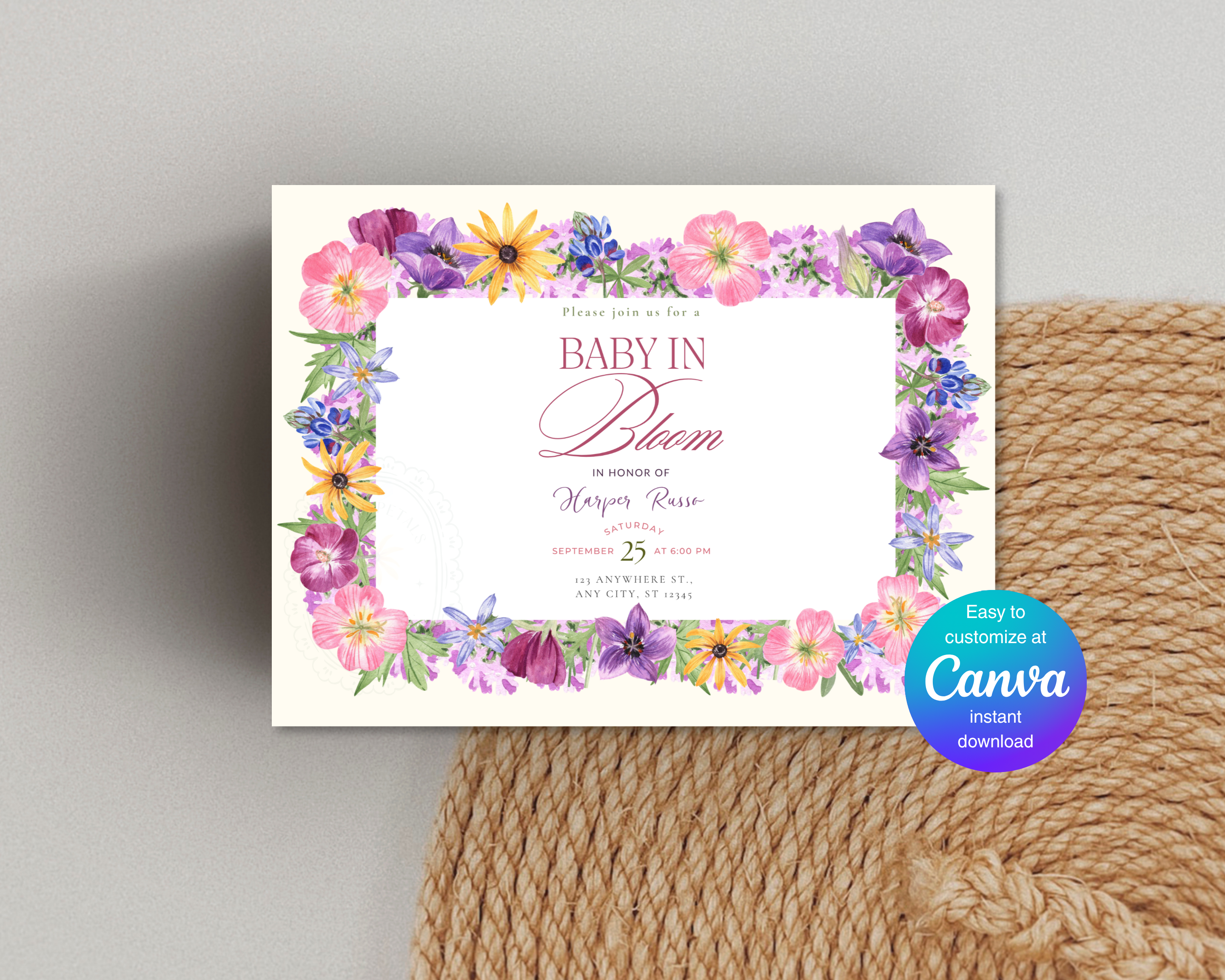 Baby in Bloom Baby Shower Wildflower Invitation | Floral Landscape Digital Download | Canva Editable