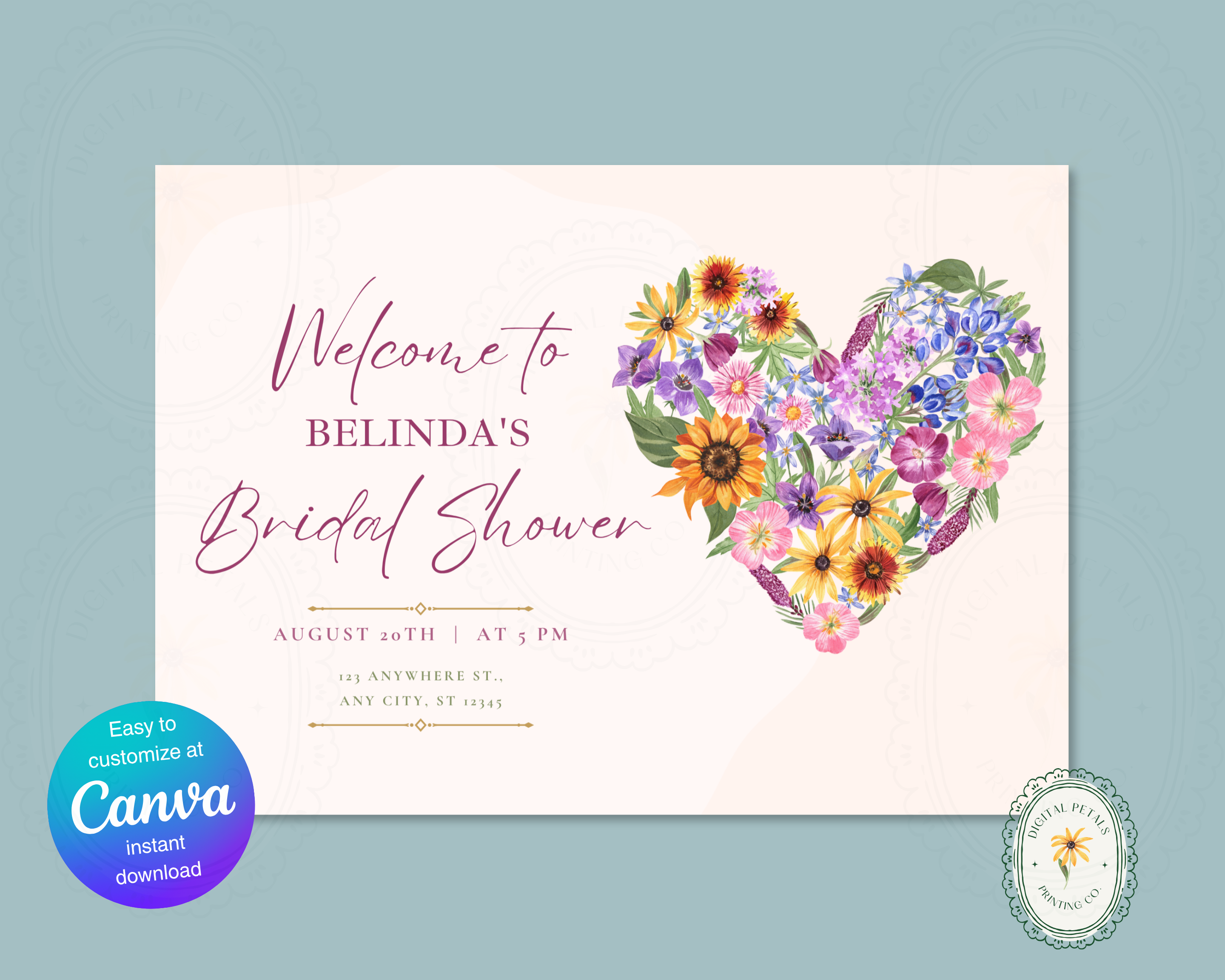 Wildflower Bridal Shower Welcome Sign | Boho Floral Heart Border | Editable Canva Digital Download | Print at Home