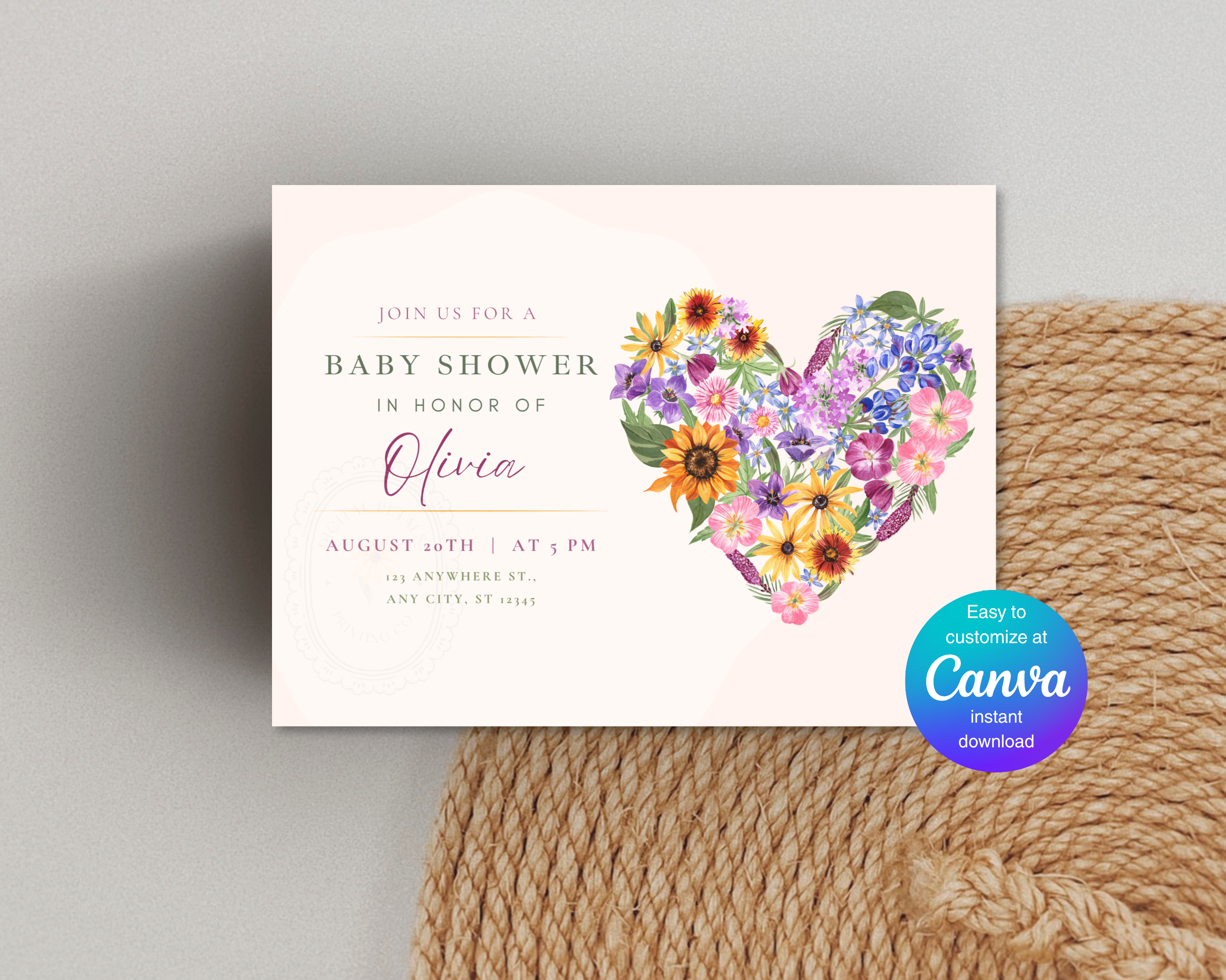 Lavender Cream Spring Heart Baby Shower Landscape Invitation | Floral Digital Download | Canva Editable